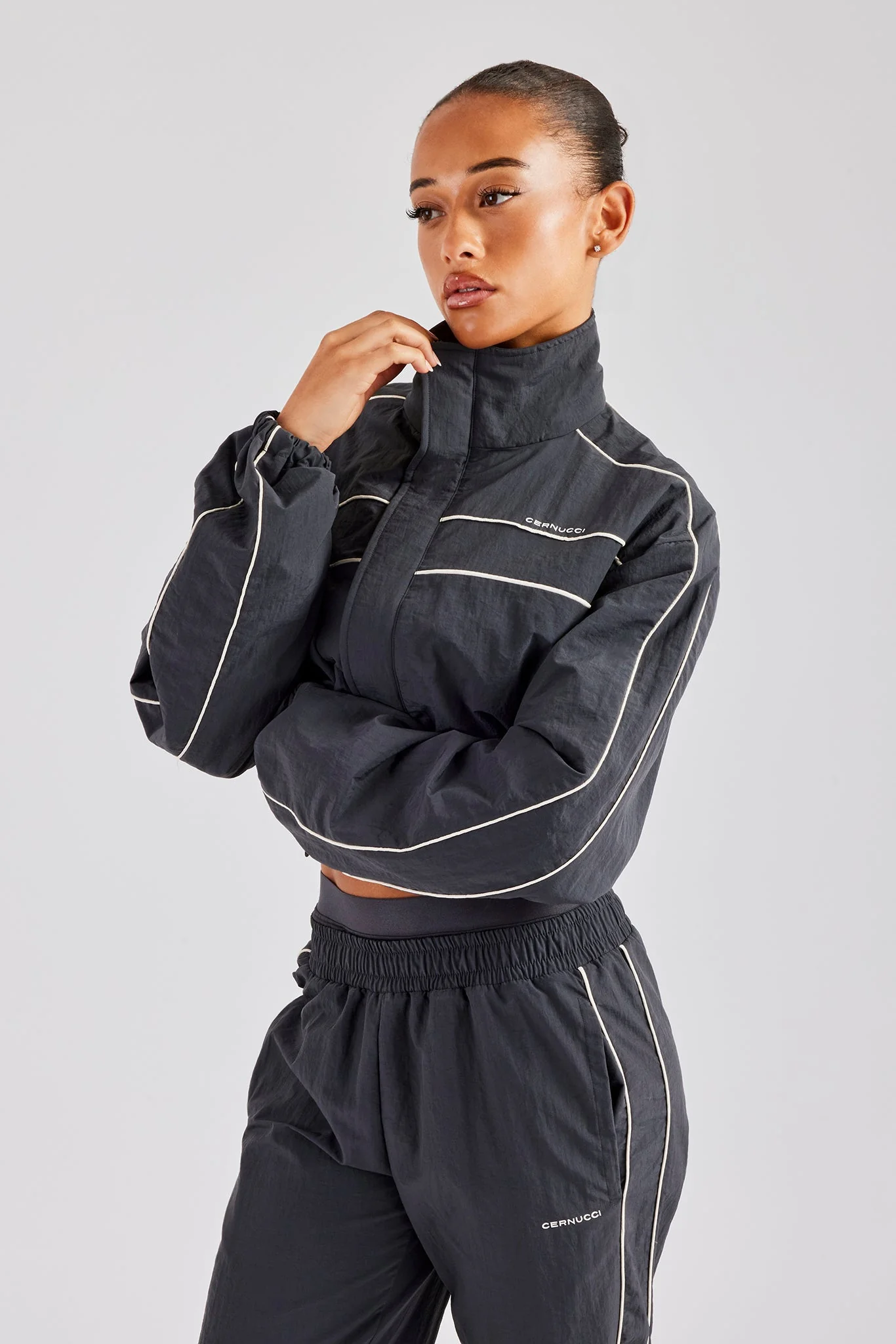 Nylon Cropped Zip Jacket - Charcoal - Image 4