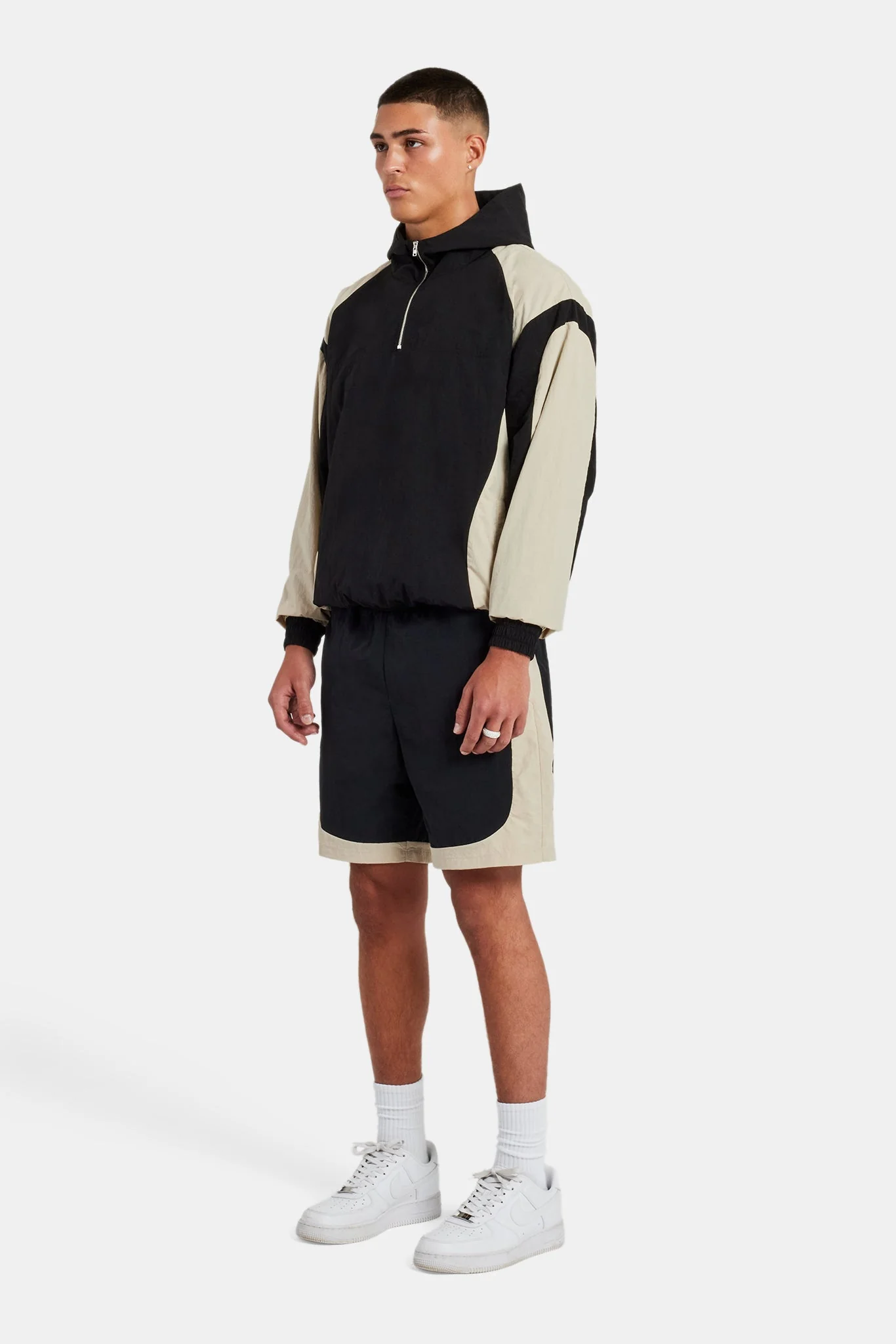 Nylon Hooded Track Jacket & Short Set - Black - Image 4