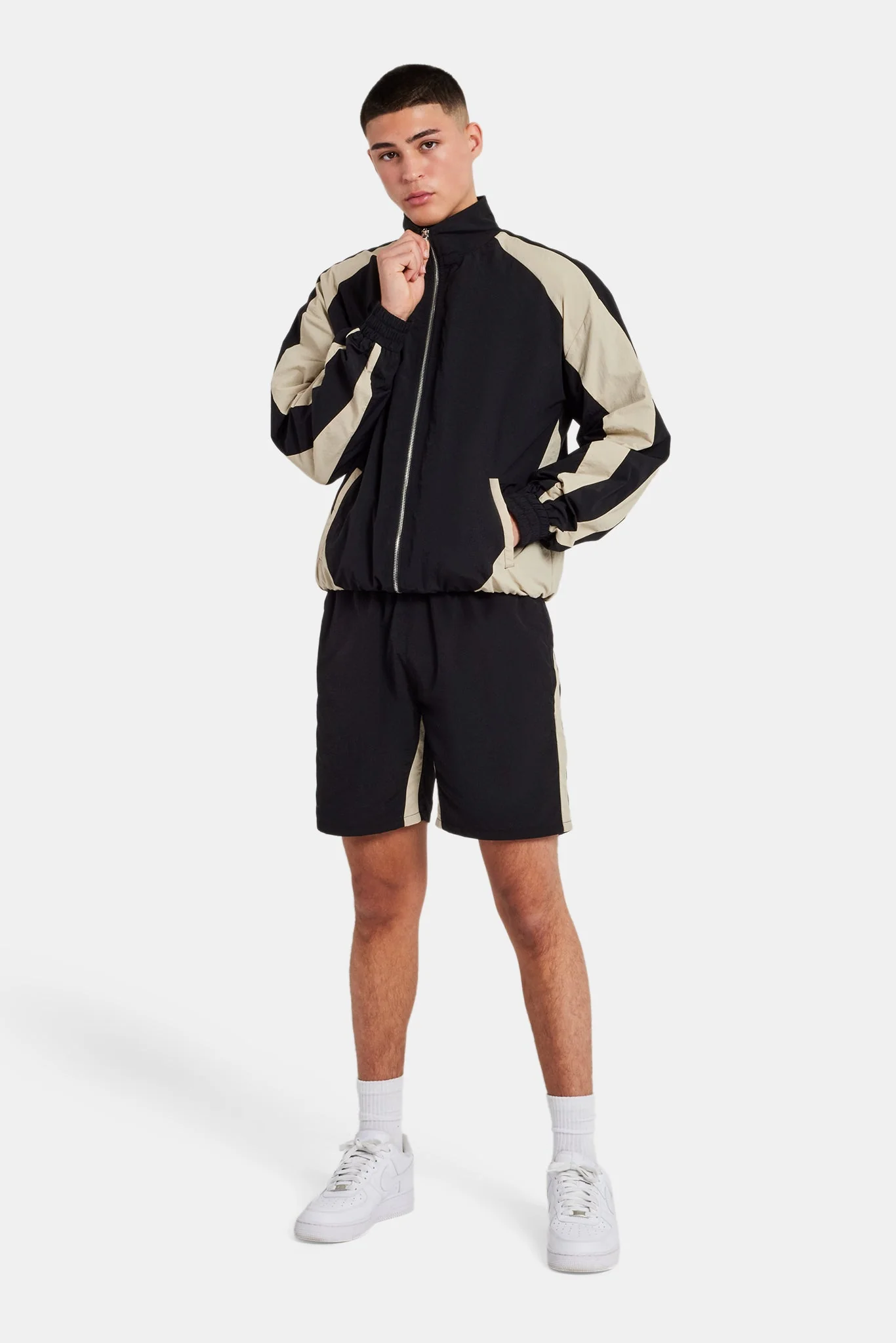 Nylon Panelled Track Jacket & Short Set - Black - Image 7