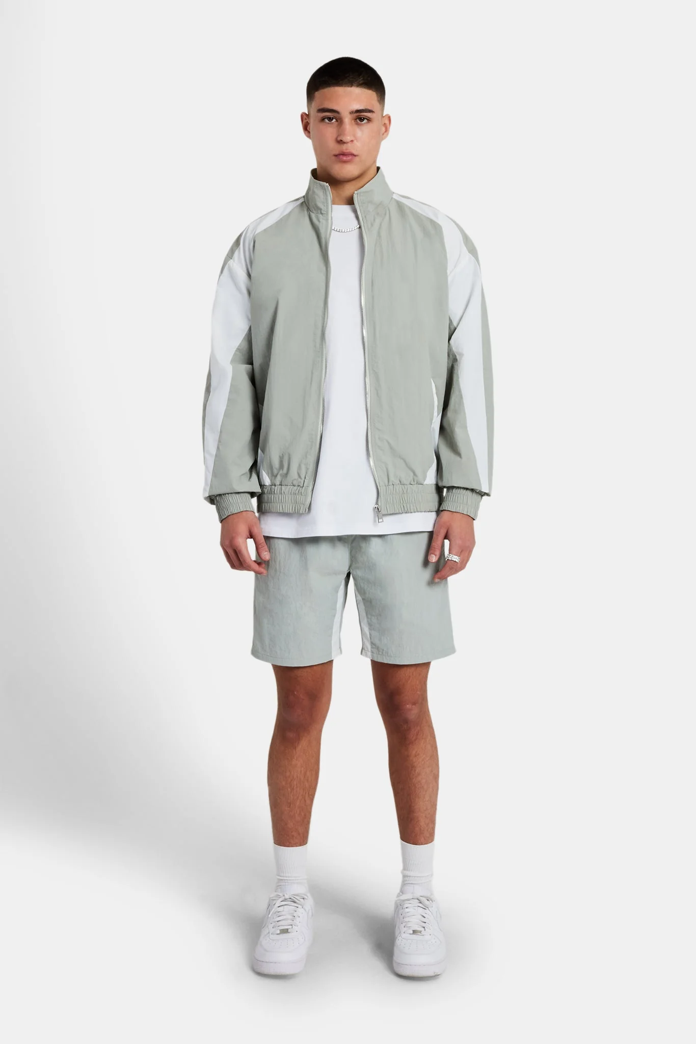 Nylon Panelled Track Jacket & Short Set  - Light Grey - Image 2