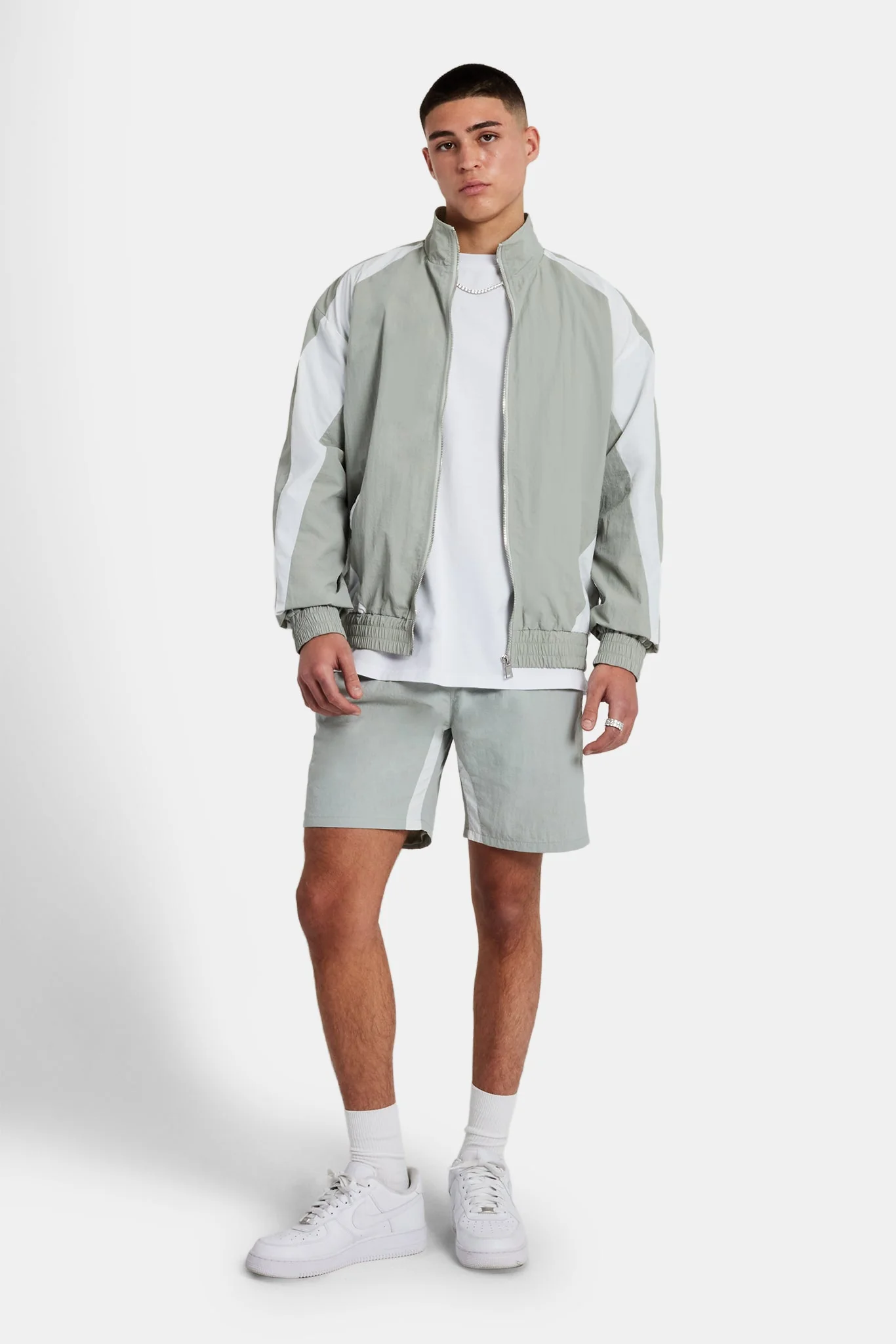 Nylon Panelled Track Jacket & Short Set  - Light Grey - Image 3
