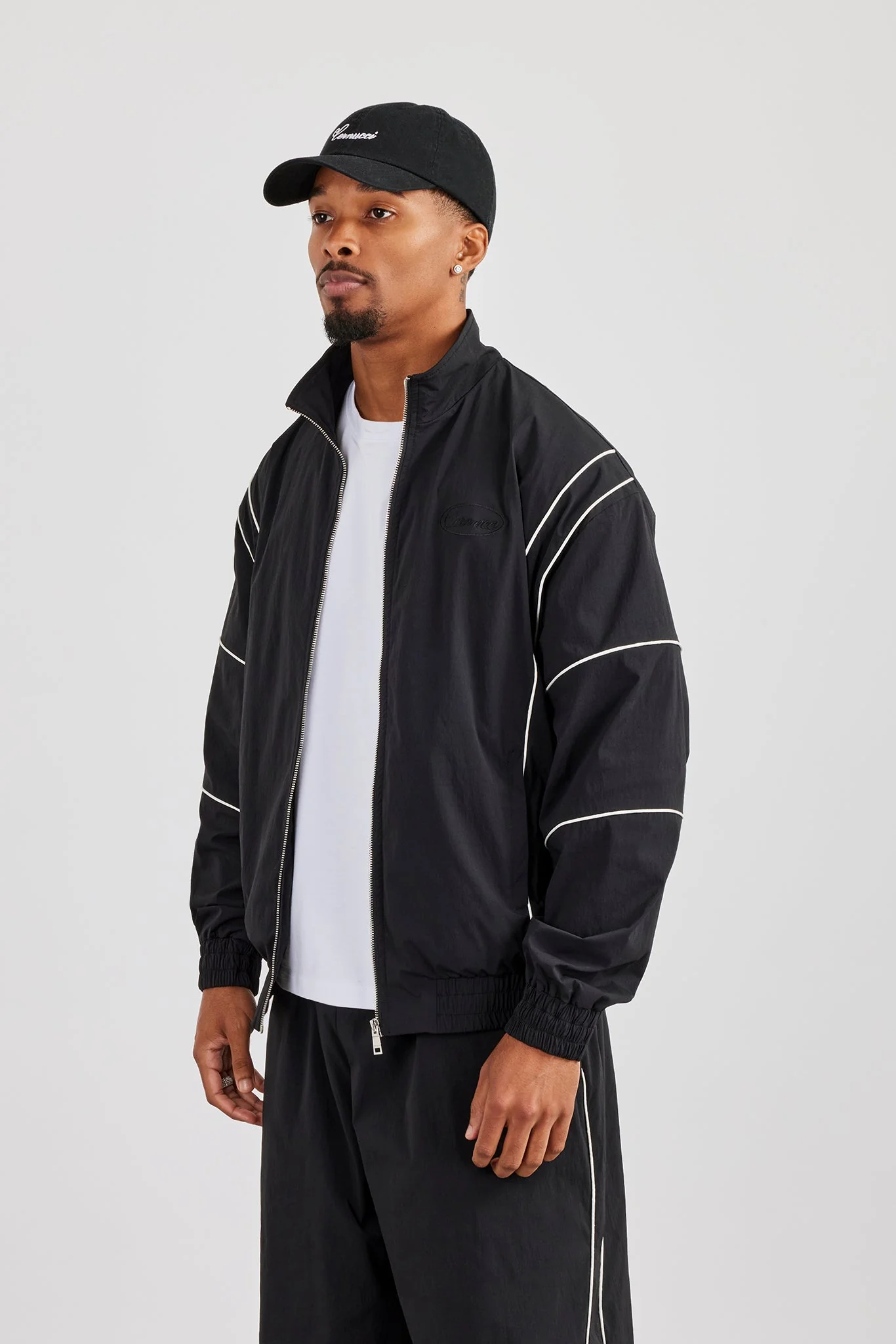 Nylon Piping Embroidered Track Jacket - Black - Image 3
