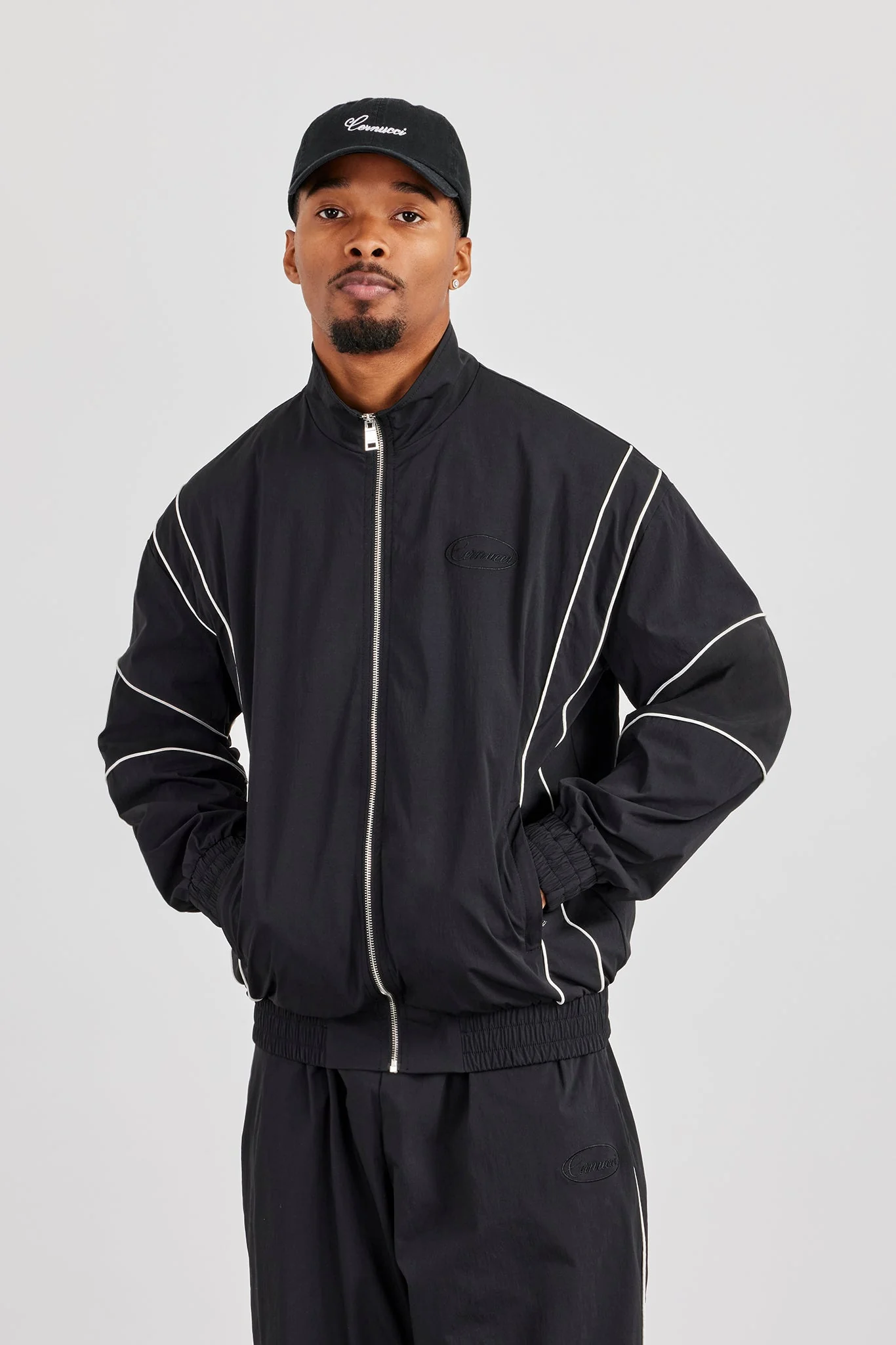 Nylon Piping Embroidered Track Jacket - Black - Image 4