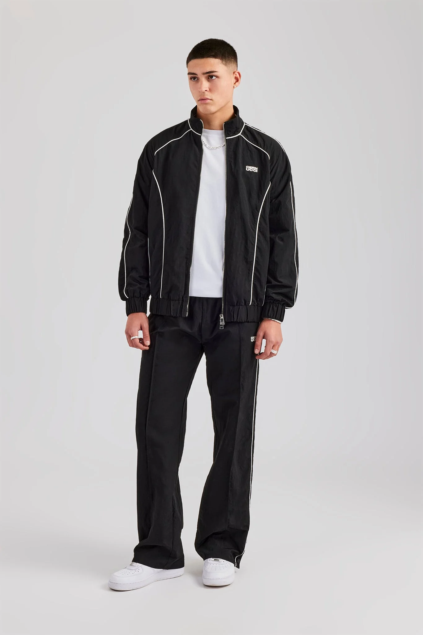 Nylon Piping Popper Wide Leg Jogger - Black - Image 5