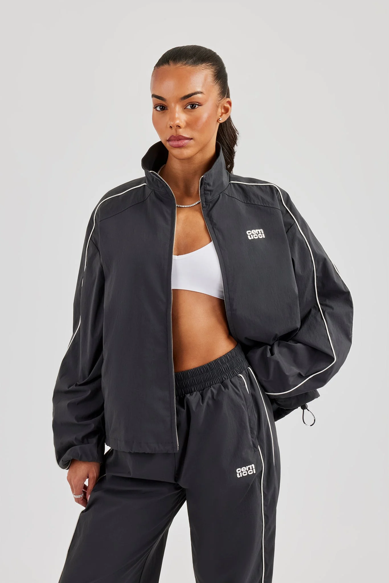 Nylon Piping Track Jacket - Charcoal - Image 3