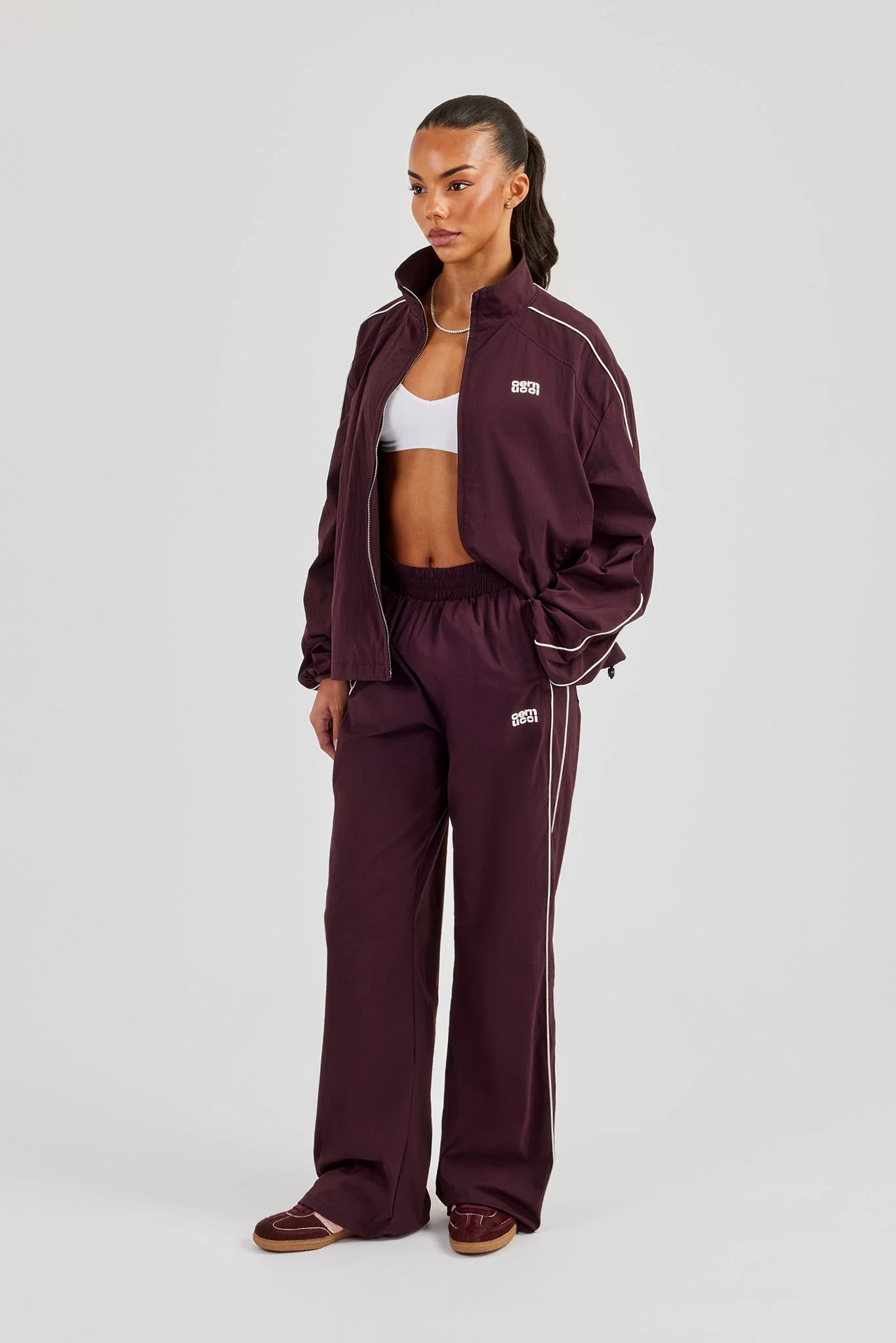 Nylon Piping Track Jacket & Wide Leg Track Pant - Burgundy - Image 2