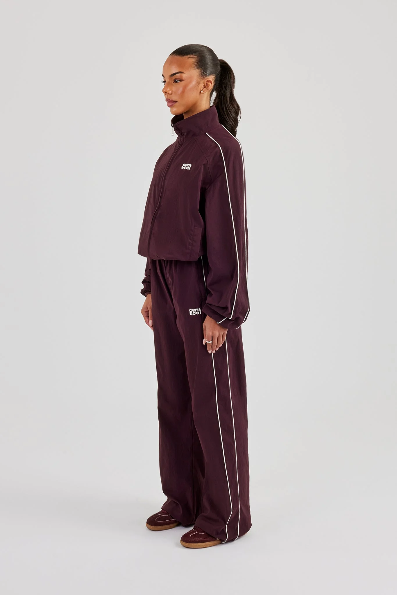 Nylon Piping Track Jacket & Wide Leg Track Pant - Burgundy - Image 3