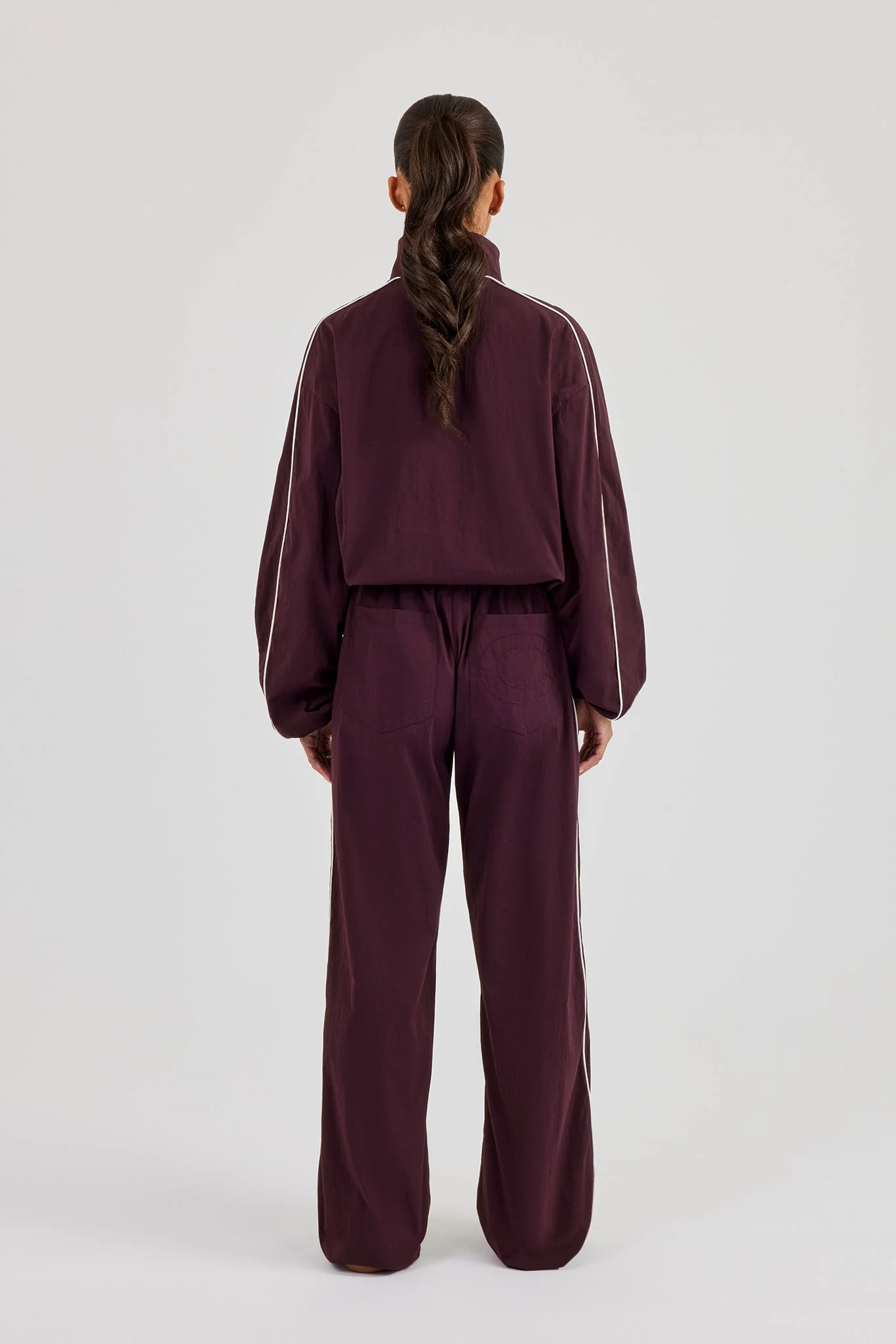 Nylon Piping Track Jacket & Wide Leg Track Pant - Burgundy - Image 4