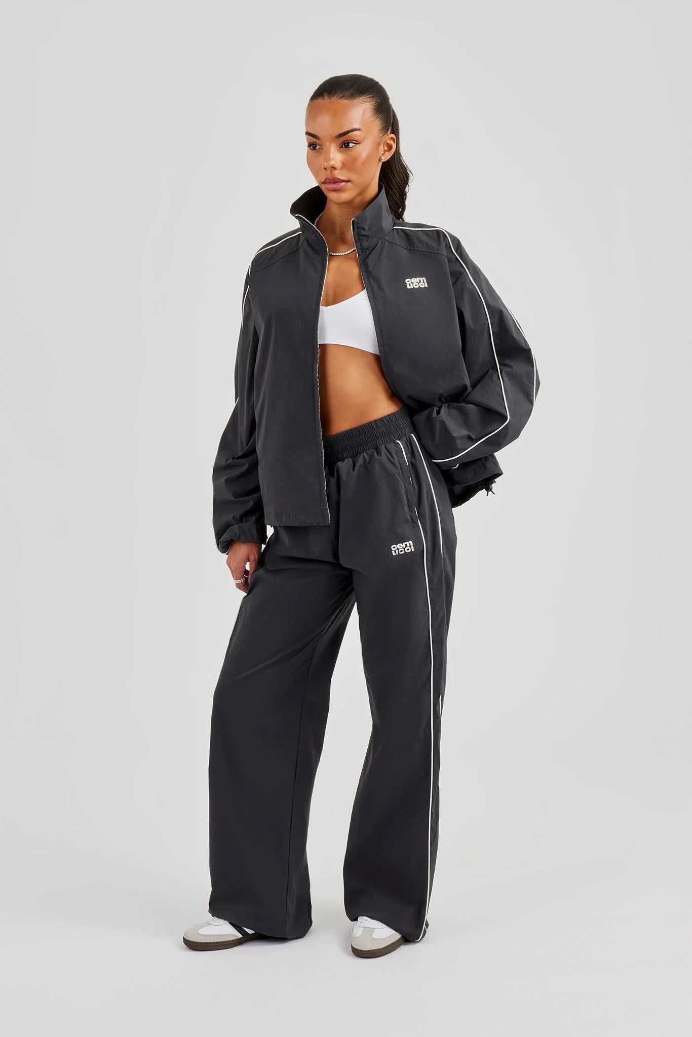 Nylon Piping Track Jacket & Wide Leg Track Pant - Charcoal - Image 2