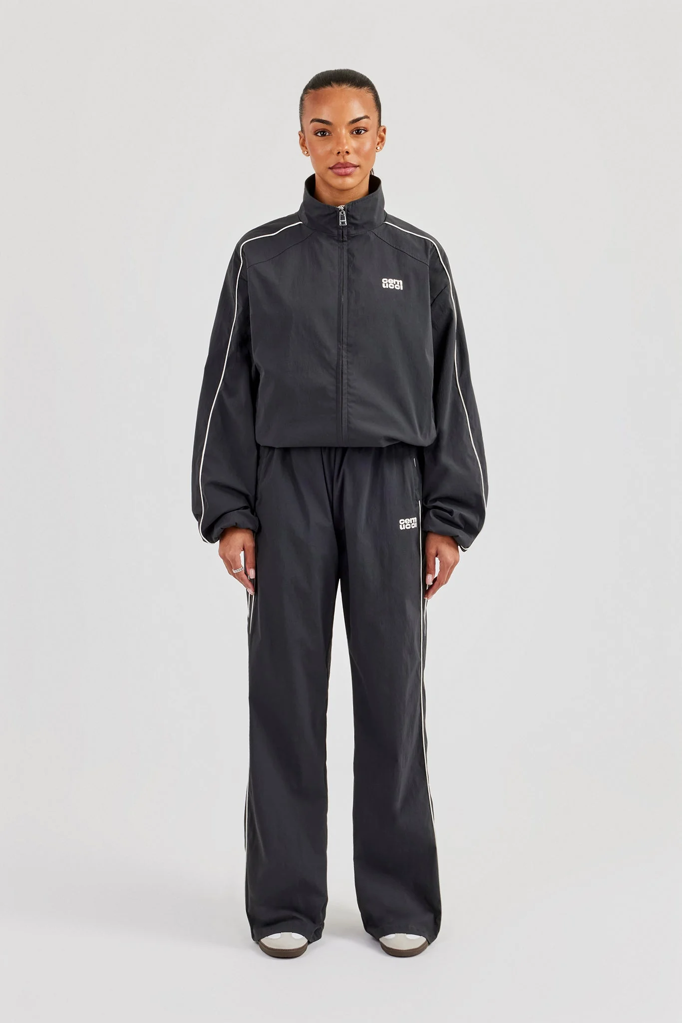 Nylon Piping Track Jacket & Wide Leg Track Pant - Charcoal - Image 3