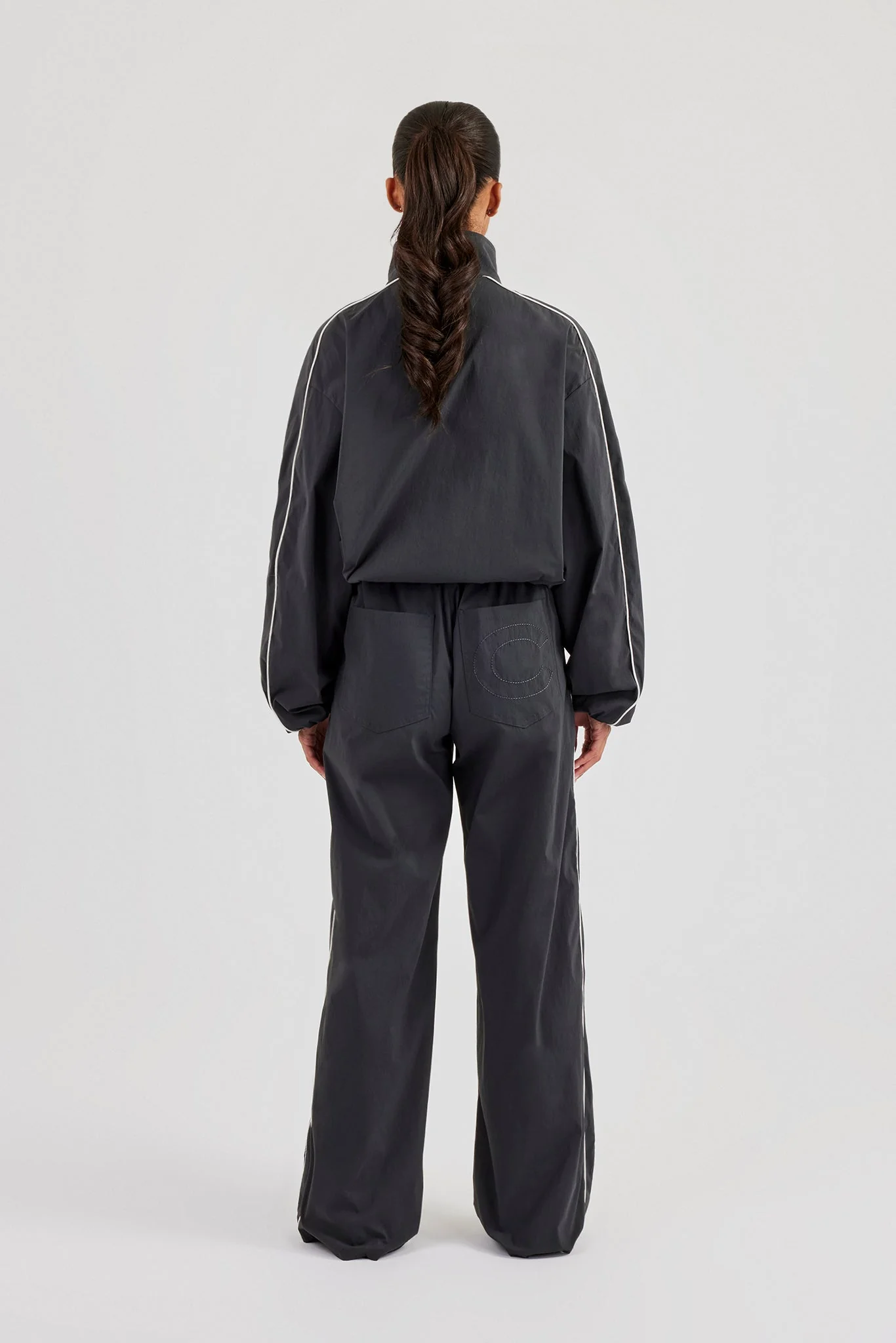 Nylon Piping Track Jacket & Wide Leg Track Pant - Charcoal - Image 4