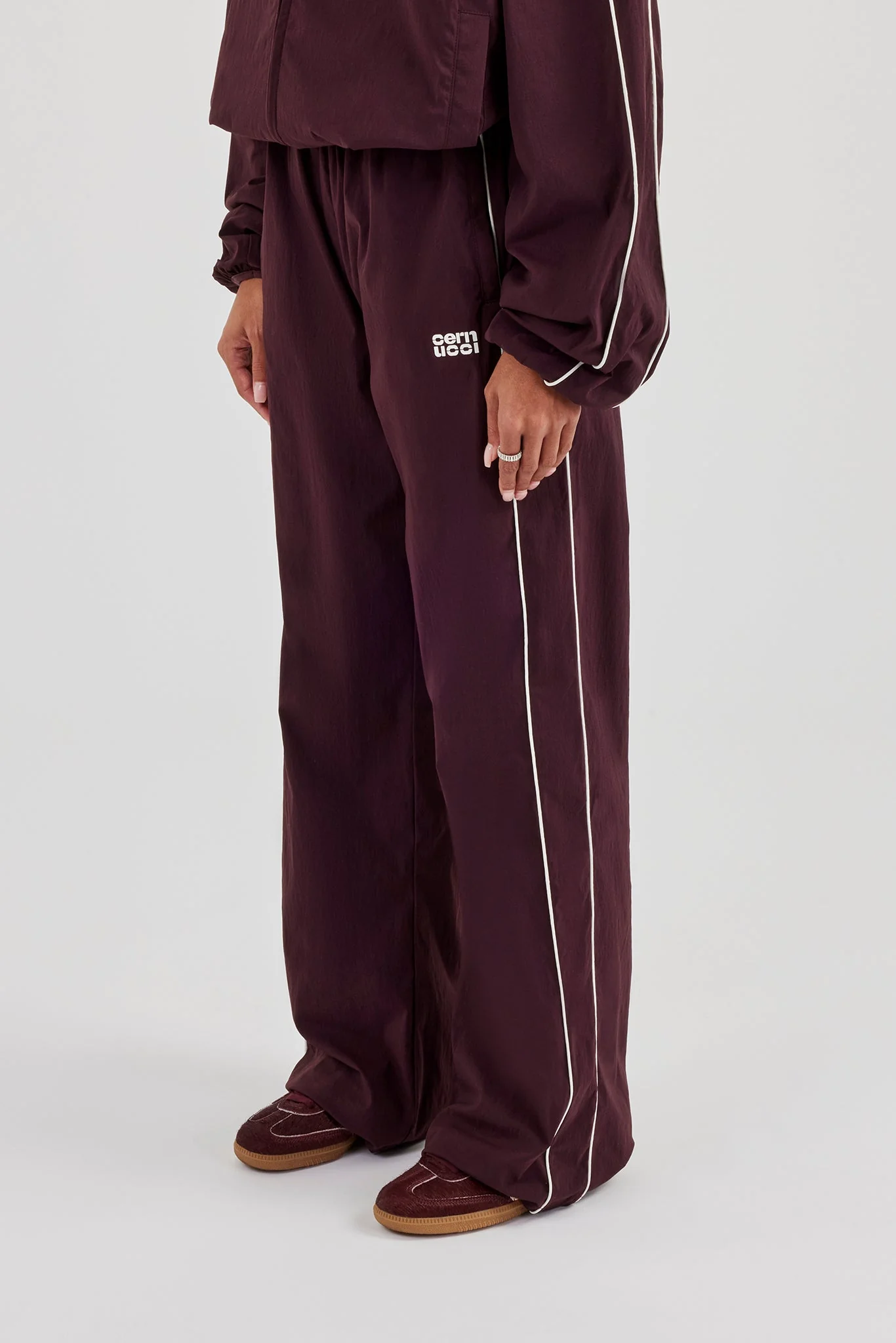 Nylon Piping Wide Leg Track Pant - Burgundy