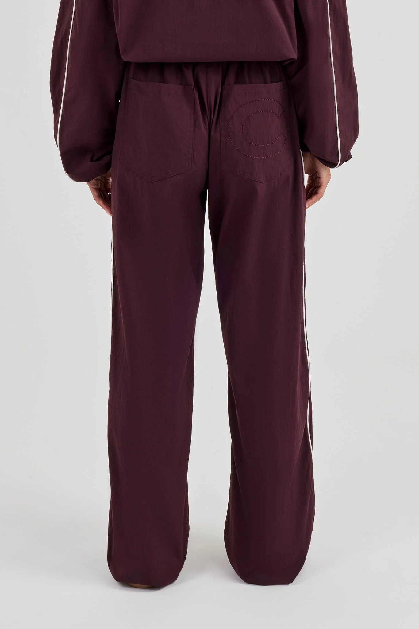 Nylon Piping Wide Leg Track Pant - Burgundy - Image 3