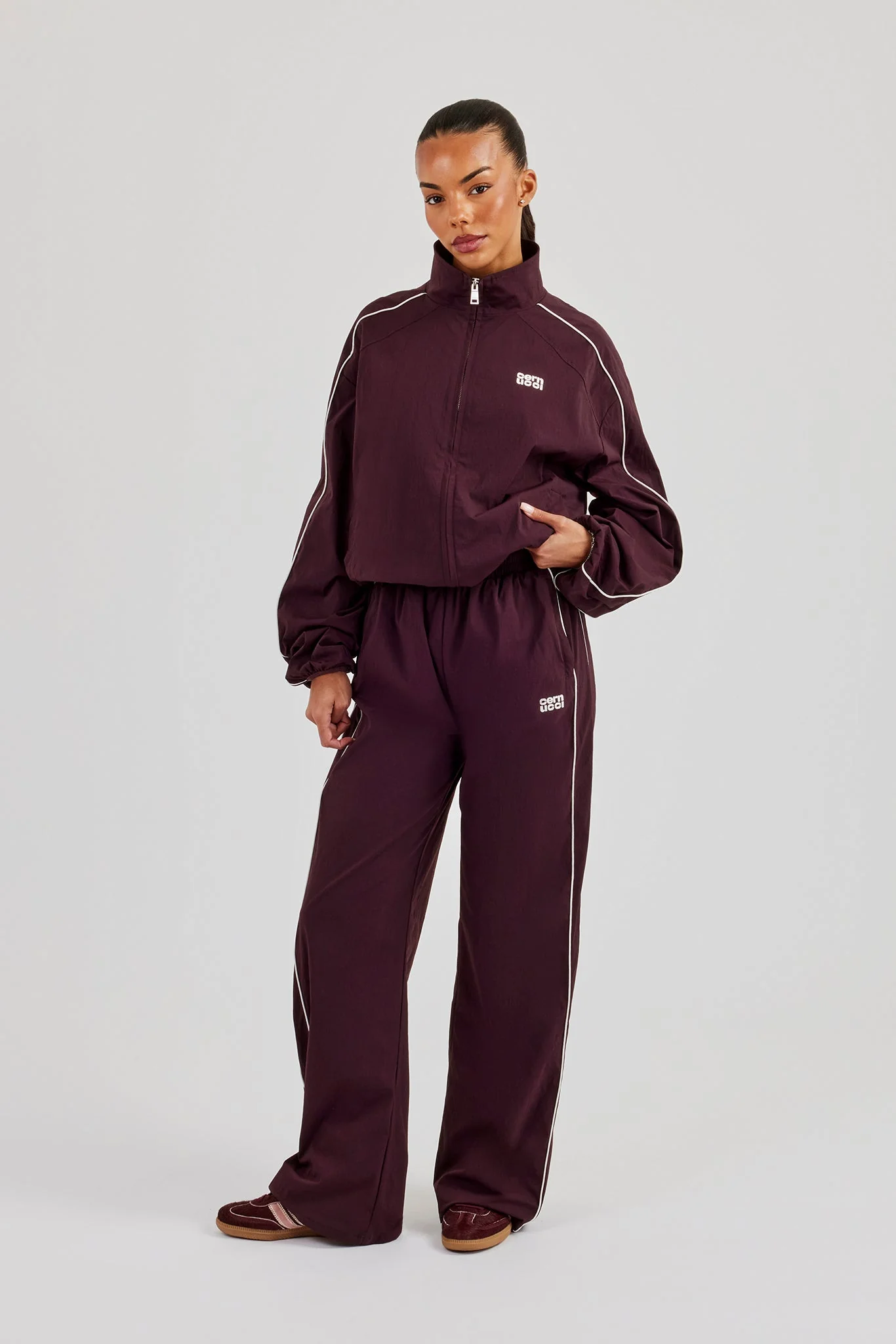 Nylon Piping Wide Leg Track Pant - Burgundy - Image 4