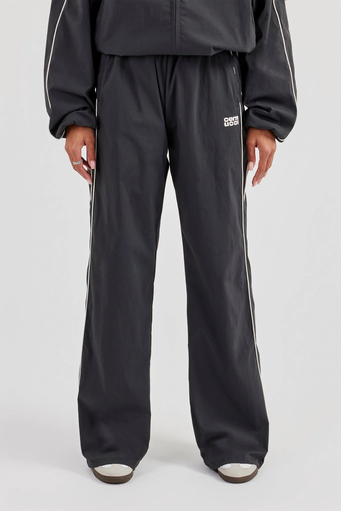 Nylon Piping Wide Leg Track Pant - Charcoal - Image 3