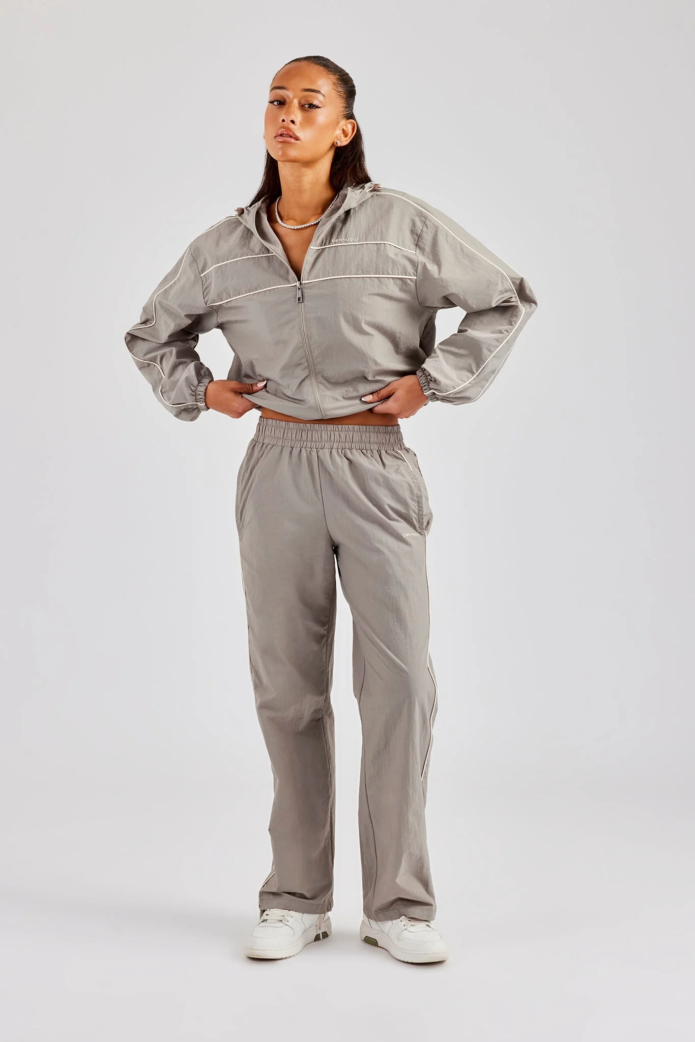 Nylon Zip Through Hooded Jacket & Trousers - Light Grey
