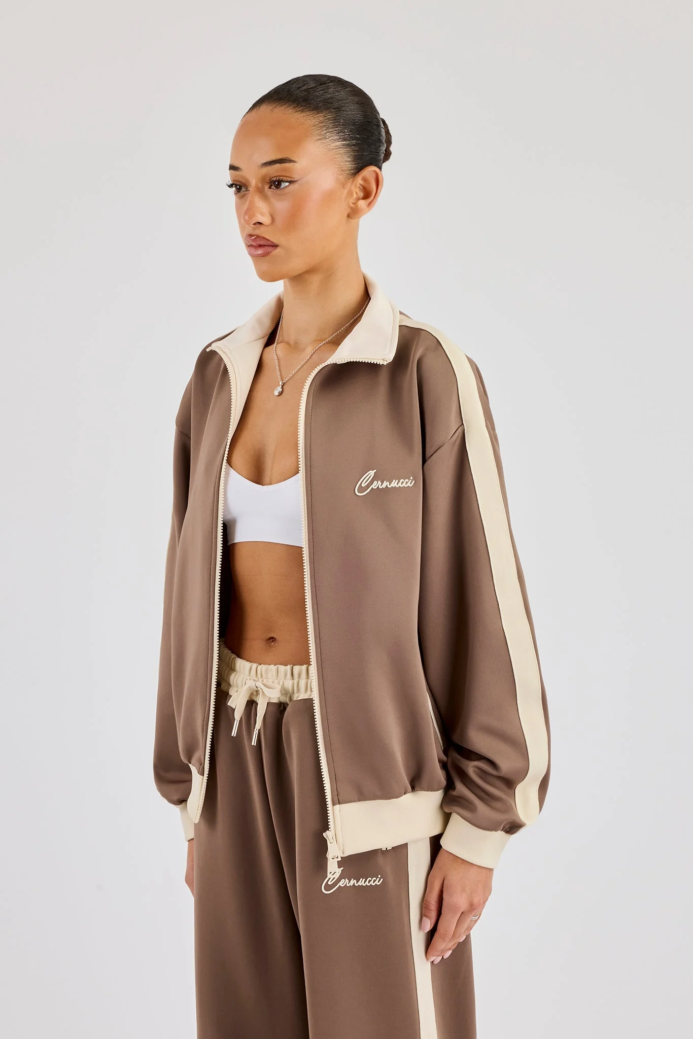 Off White Rib Contrast Panel Track Top - Taupe - Image 2