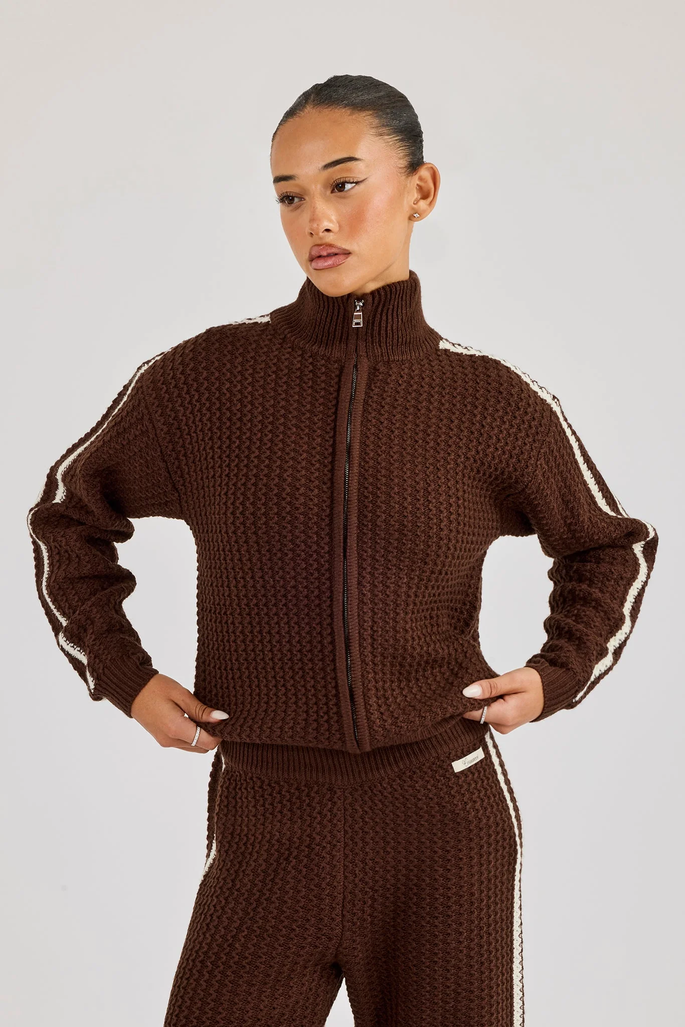 Open Knit Funnel Neck Jacket With Tape Detailing - Dark Brown - Image 2
