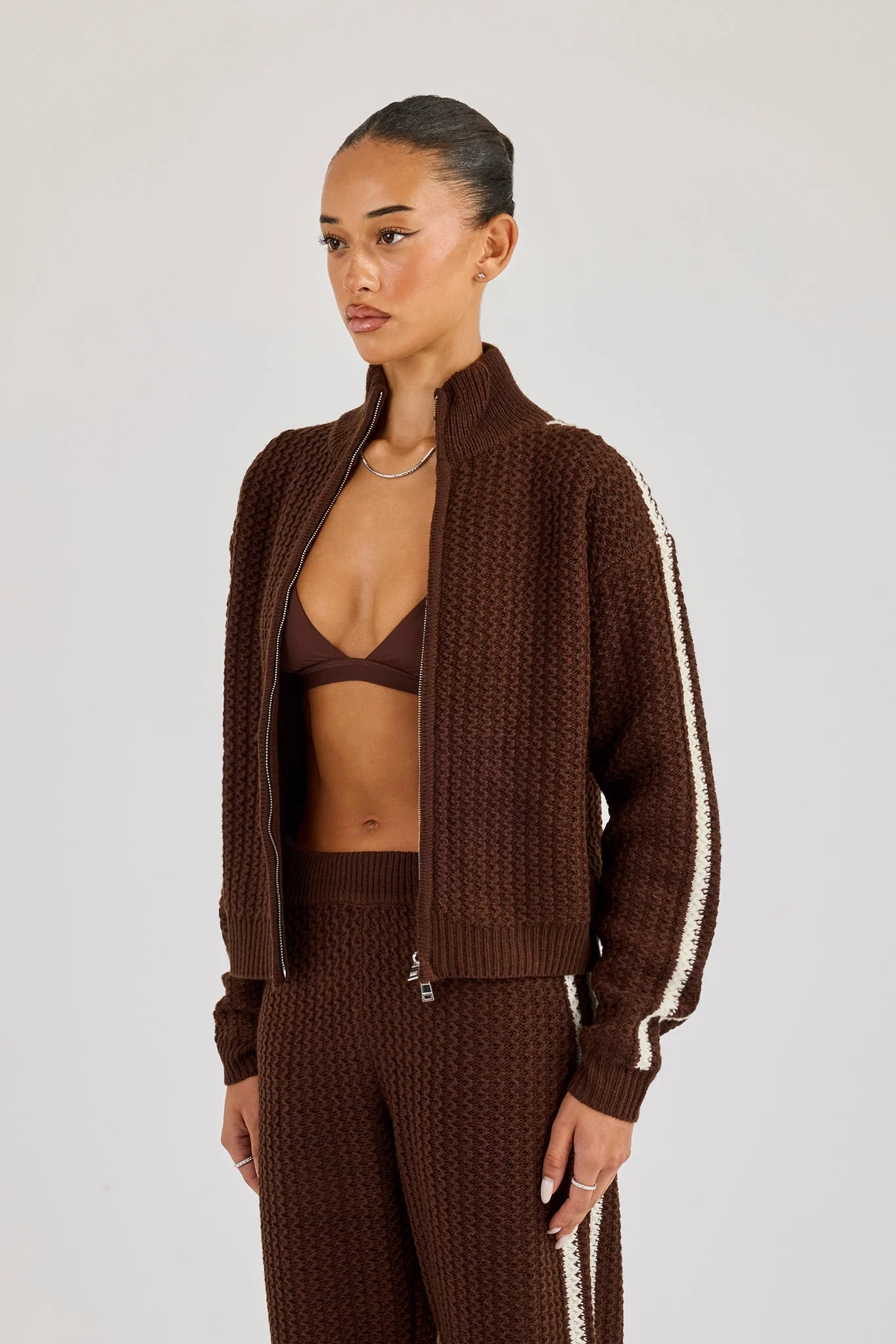 Open Knit Funnel Neck Jacket With Tape Detailing - Dark Brown - Image 3