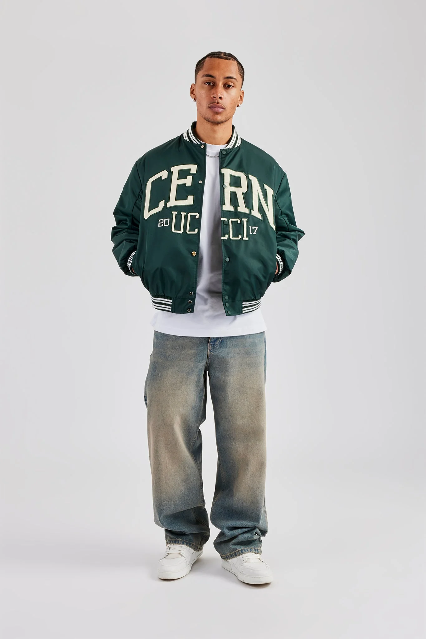 Oversized 17 Nylon Applique Bomber Jacket - Forest Green - Image 2