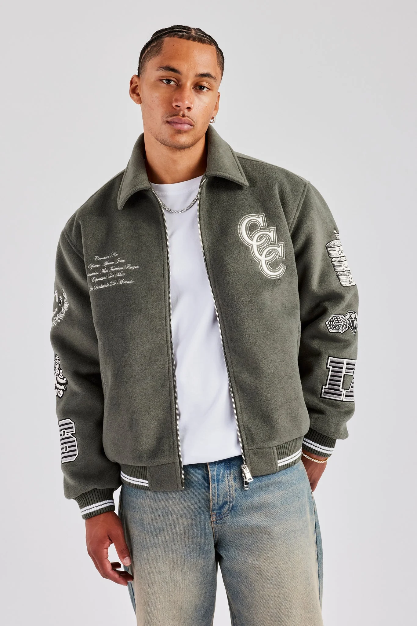 Oversized Applique Harrington Jacket - Grey - Image 5