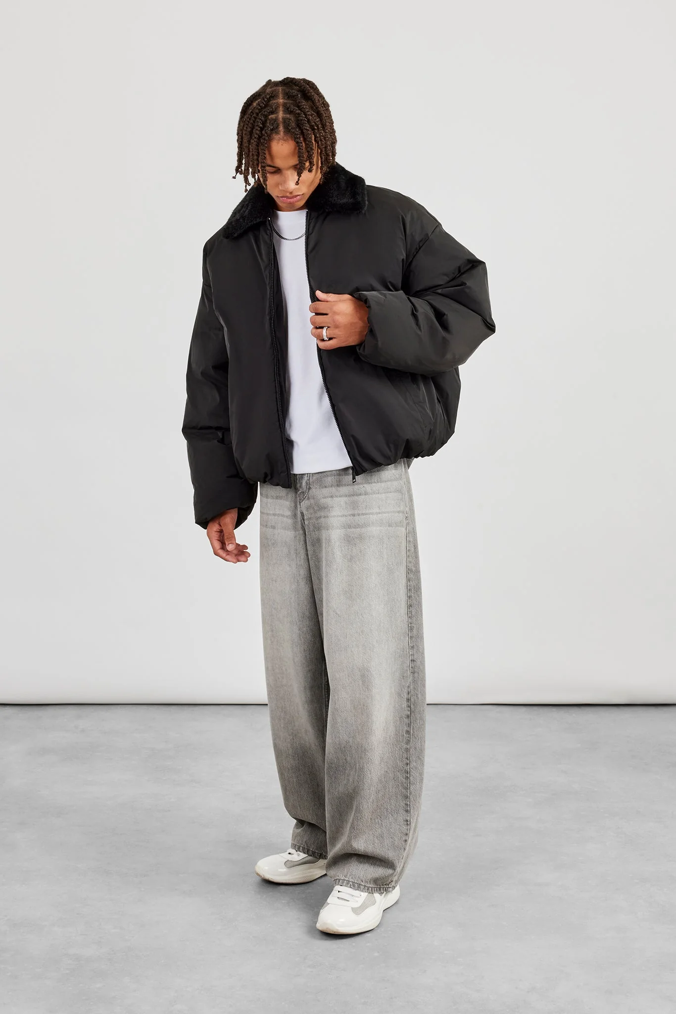 Oversized Bomber With Fur Collar - Black - Image 2