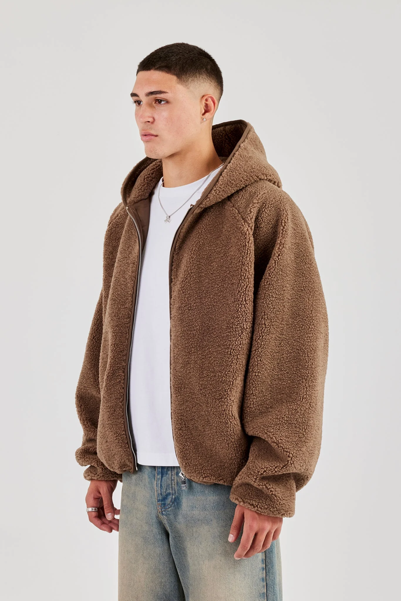 Oversized Borg Zip Hoodie - Chocolate - Image 2