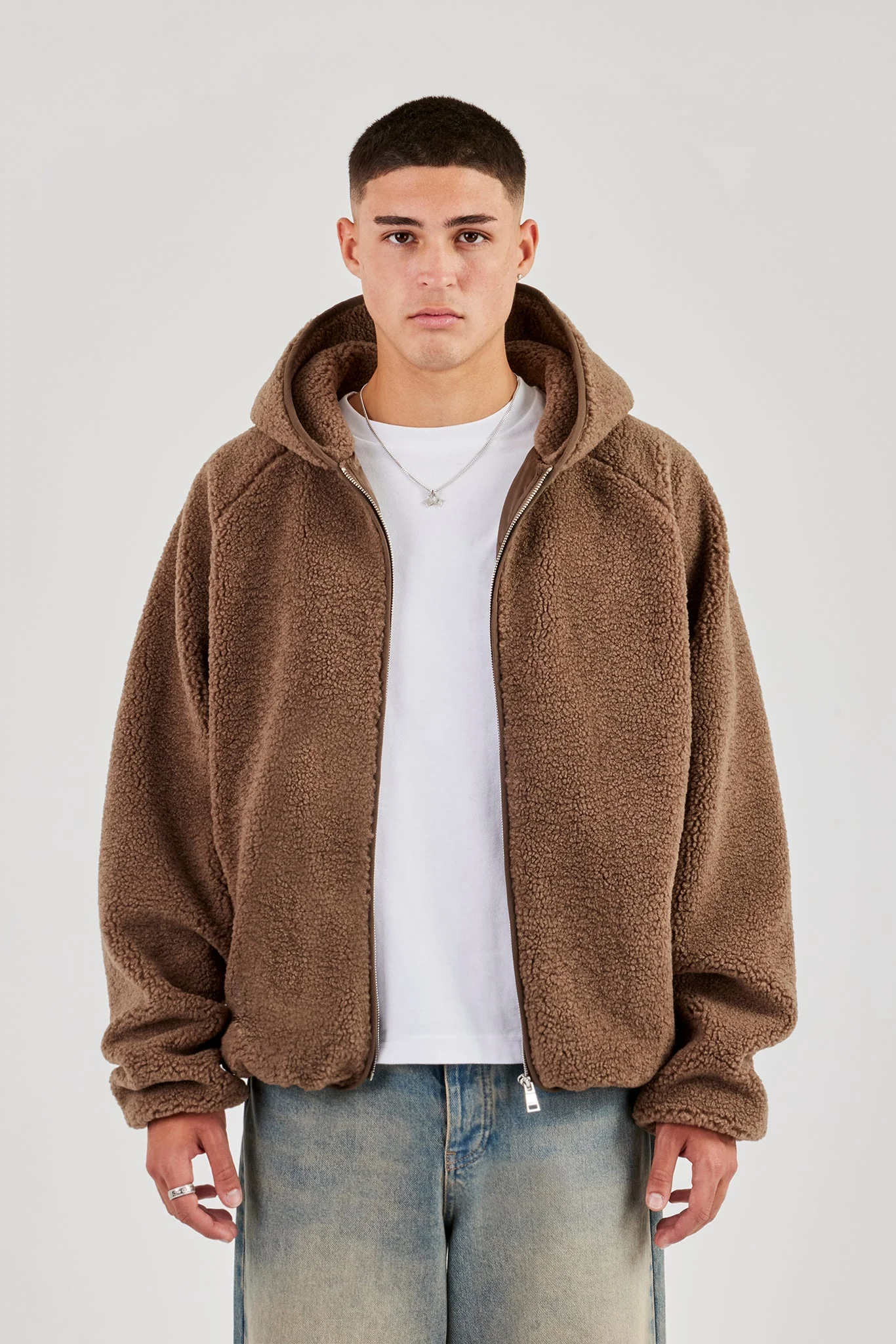 Oversized Borg Zip Hoodie - Chocolate - Image 3