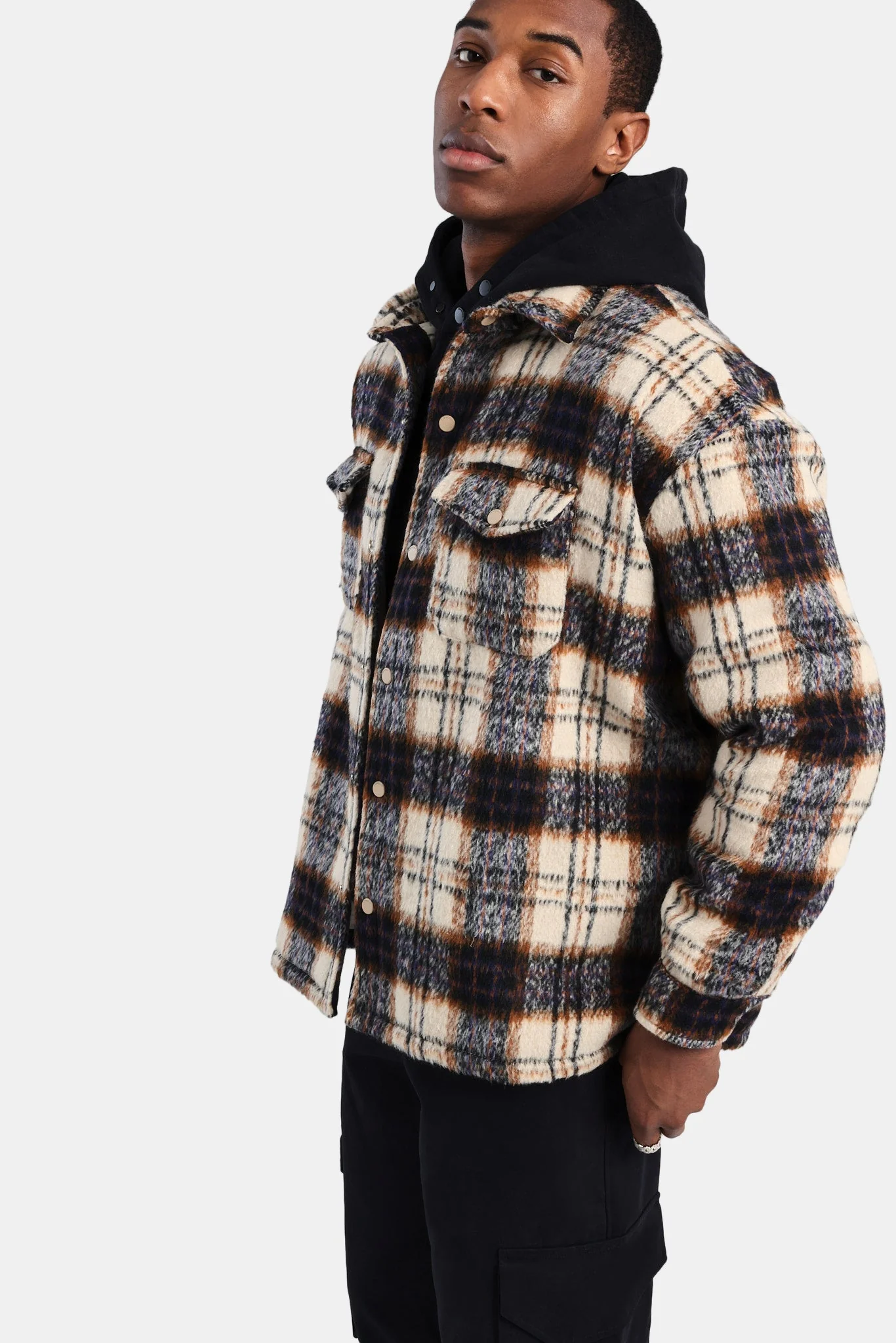 Oversized Brushed Check Overshirt - Beige - Image 8