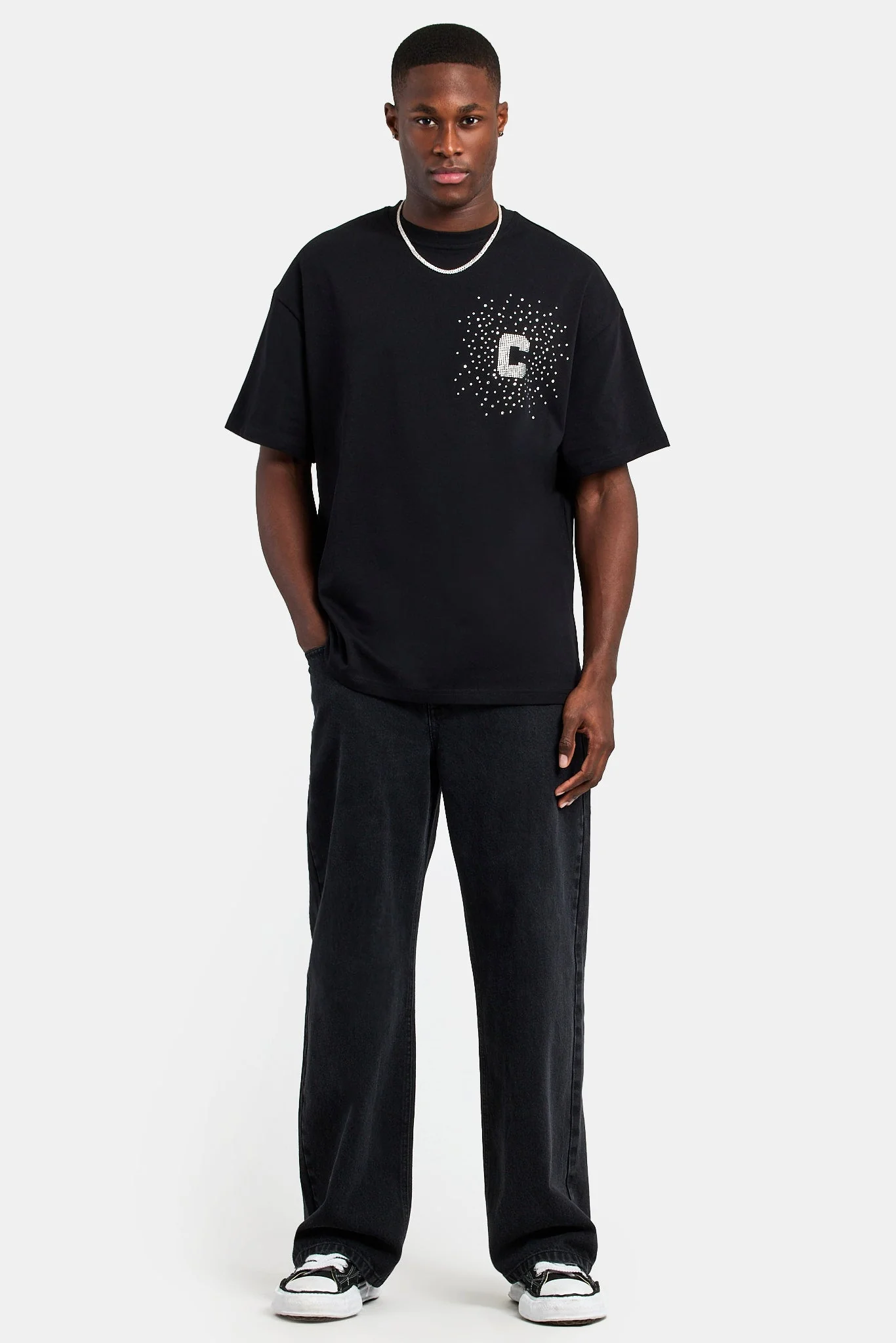 Oversized C Rhinestone T-Shirt - Black - Image 2