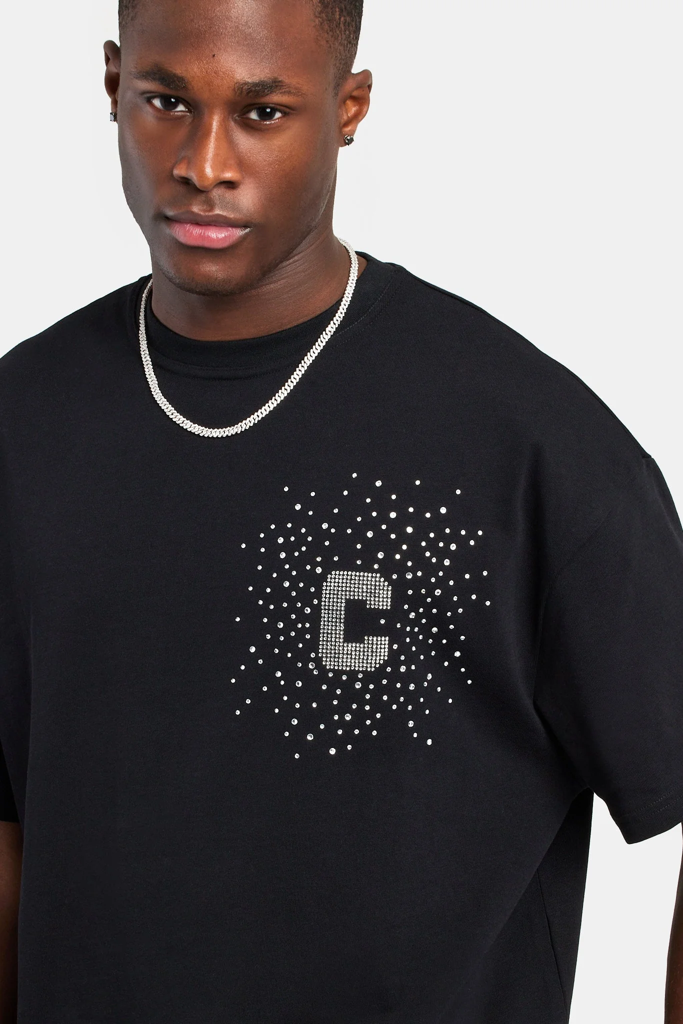 Oversized C Rhinestone T-Shirt - Black - Image 3