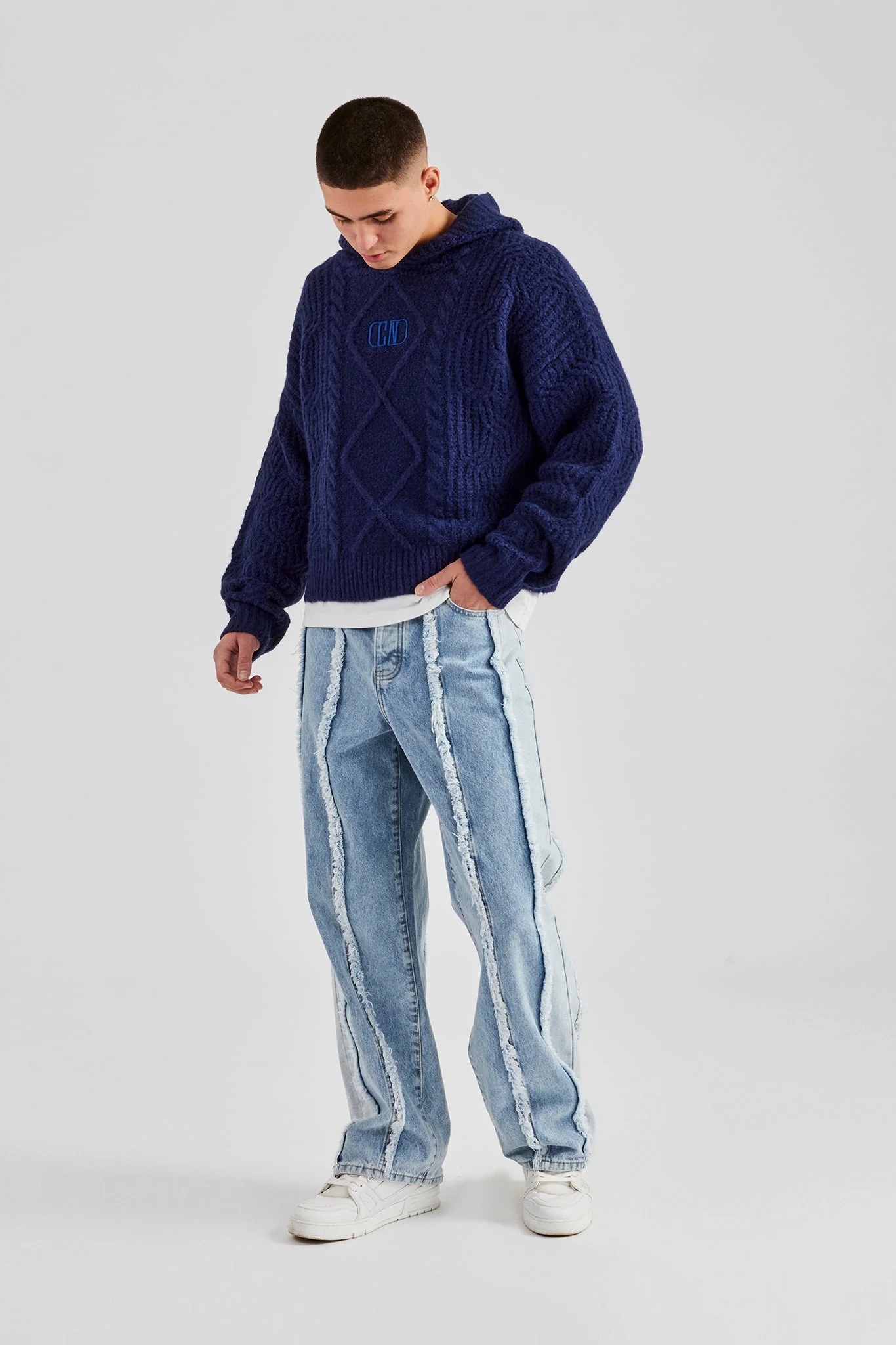 Boxy Cable Knit Embroidered Hoodie - Navy - Image 10
