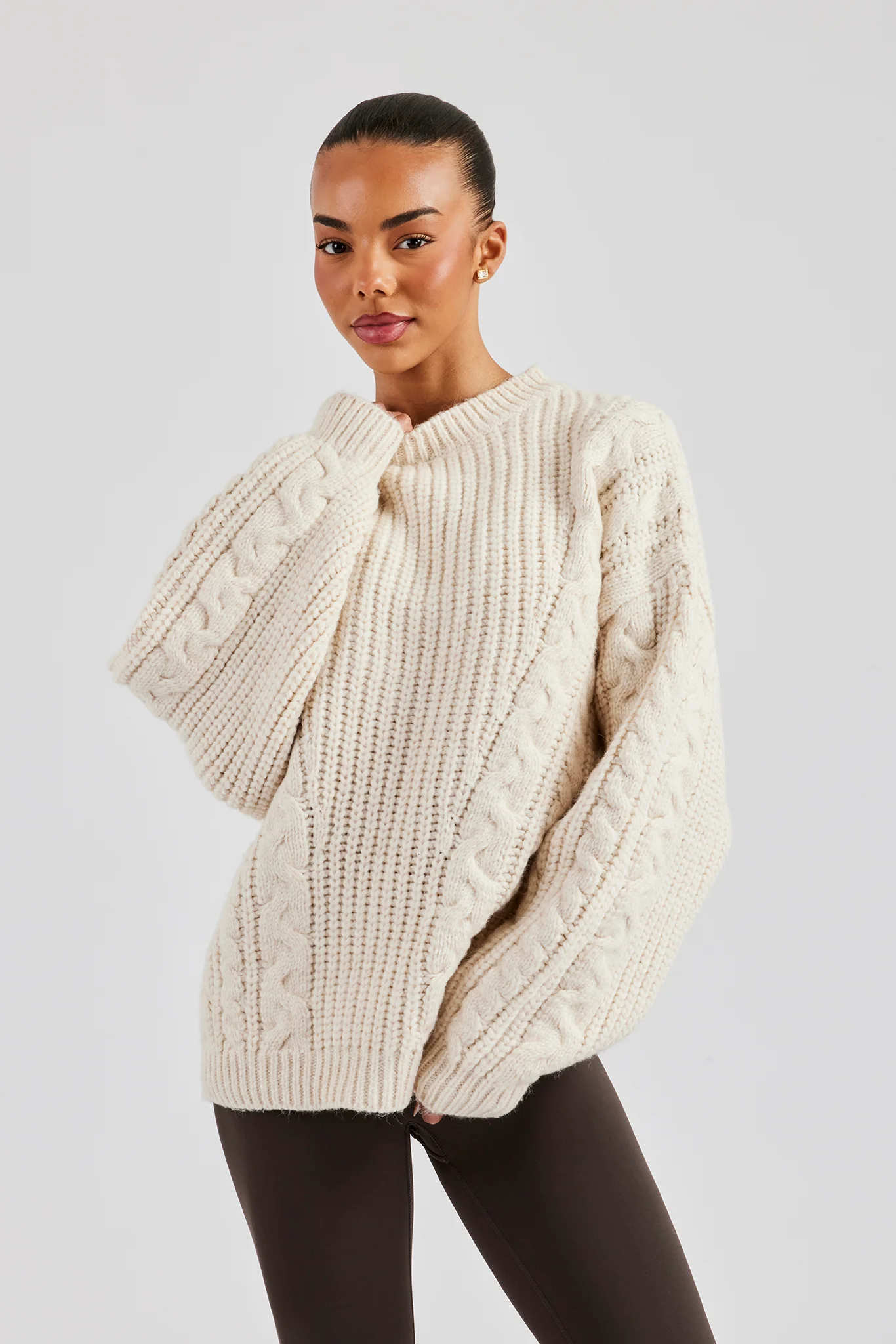 Oversized Cable Knit Sweater - Off White - Image 2
