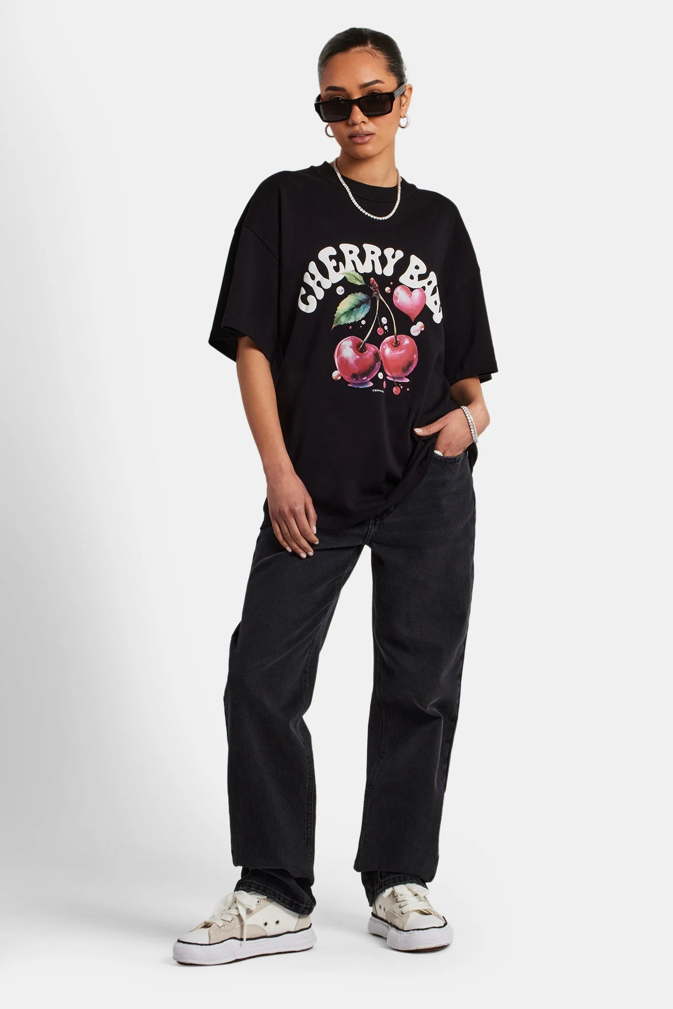 Oversized Cherry Graphic T-Shirt - Black - Image 2