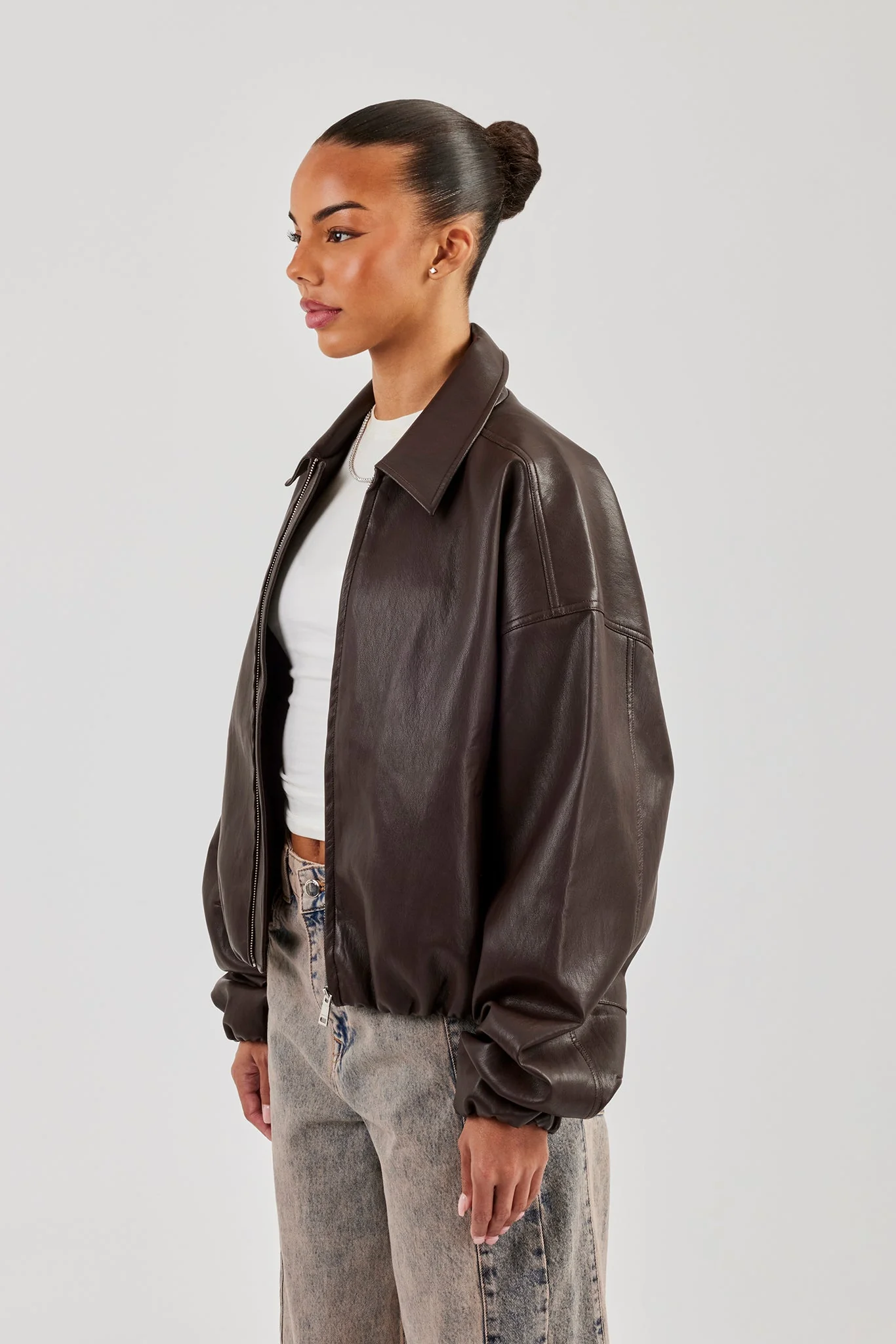 Oversized Collared PU Bomber - Chocolate - Image 2