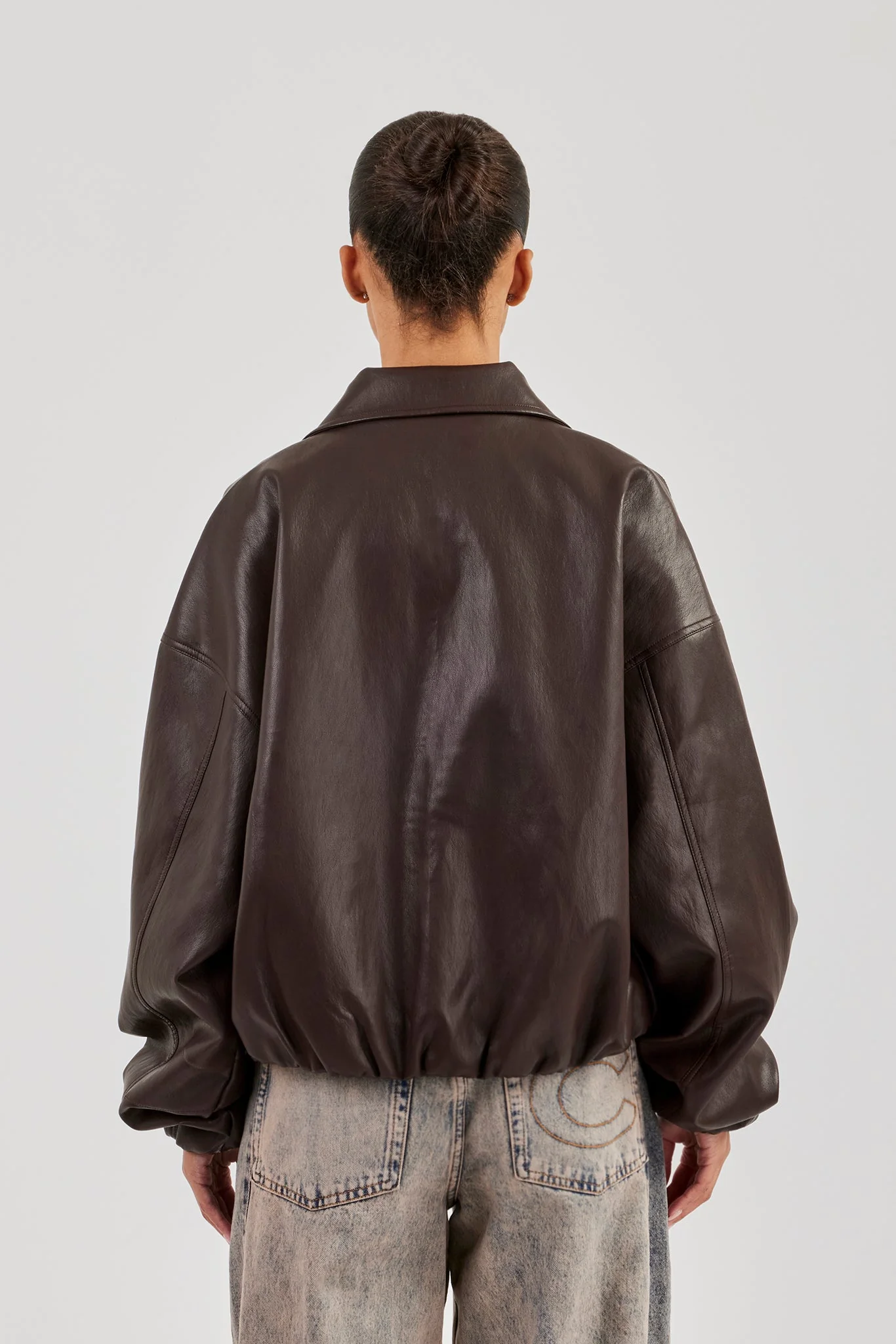 Oversized Collared PU Bomber - Chocolate - Image 3