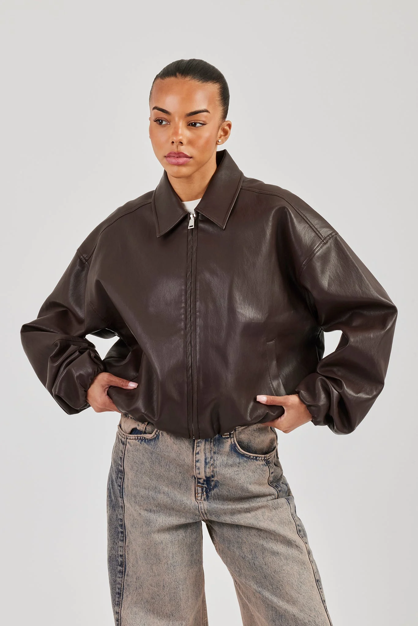 Oversized Collared PU Bomber - Chocolate - Image 4