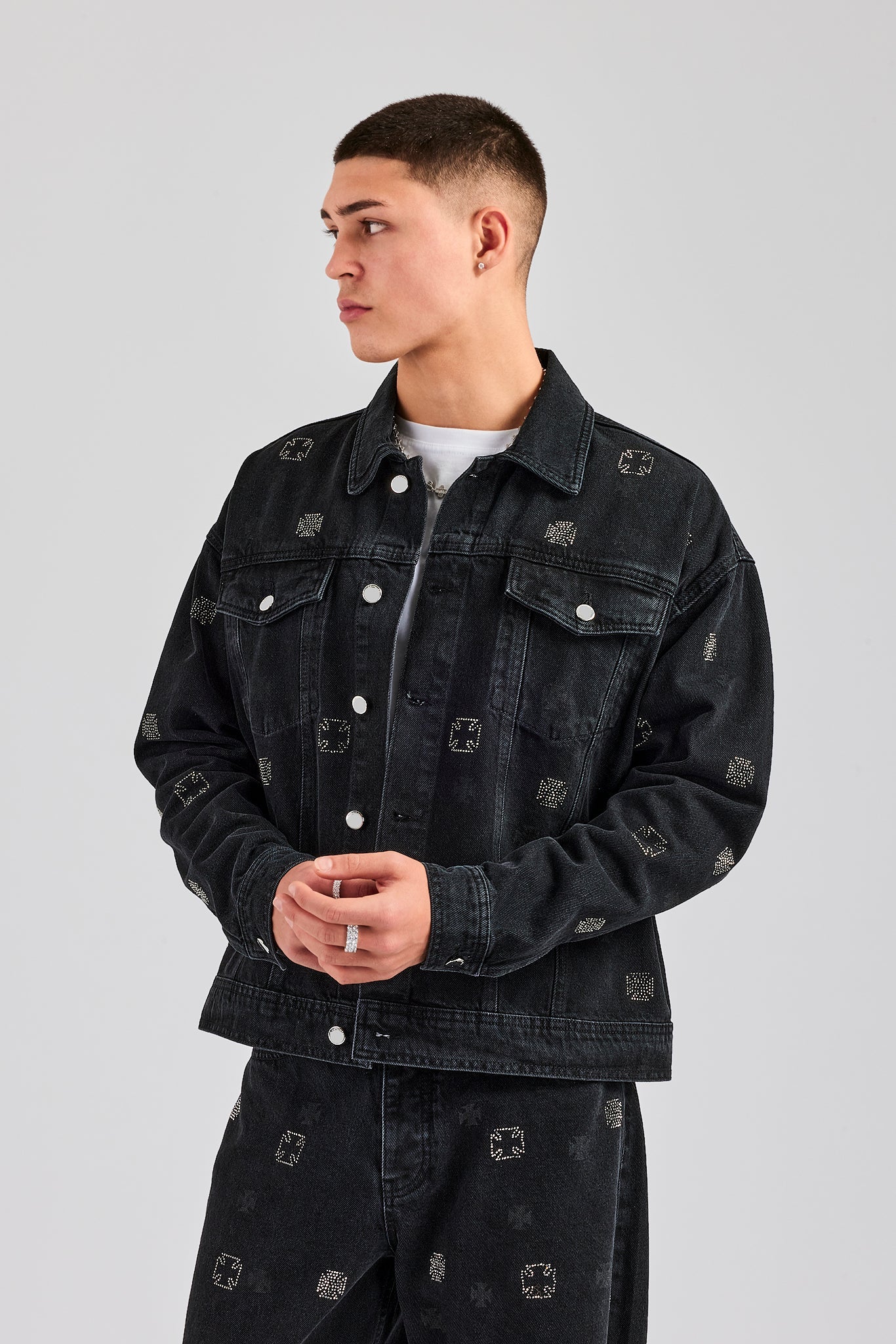 Oversized Embellished Denim Jacket - Washed Black - Image 2