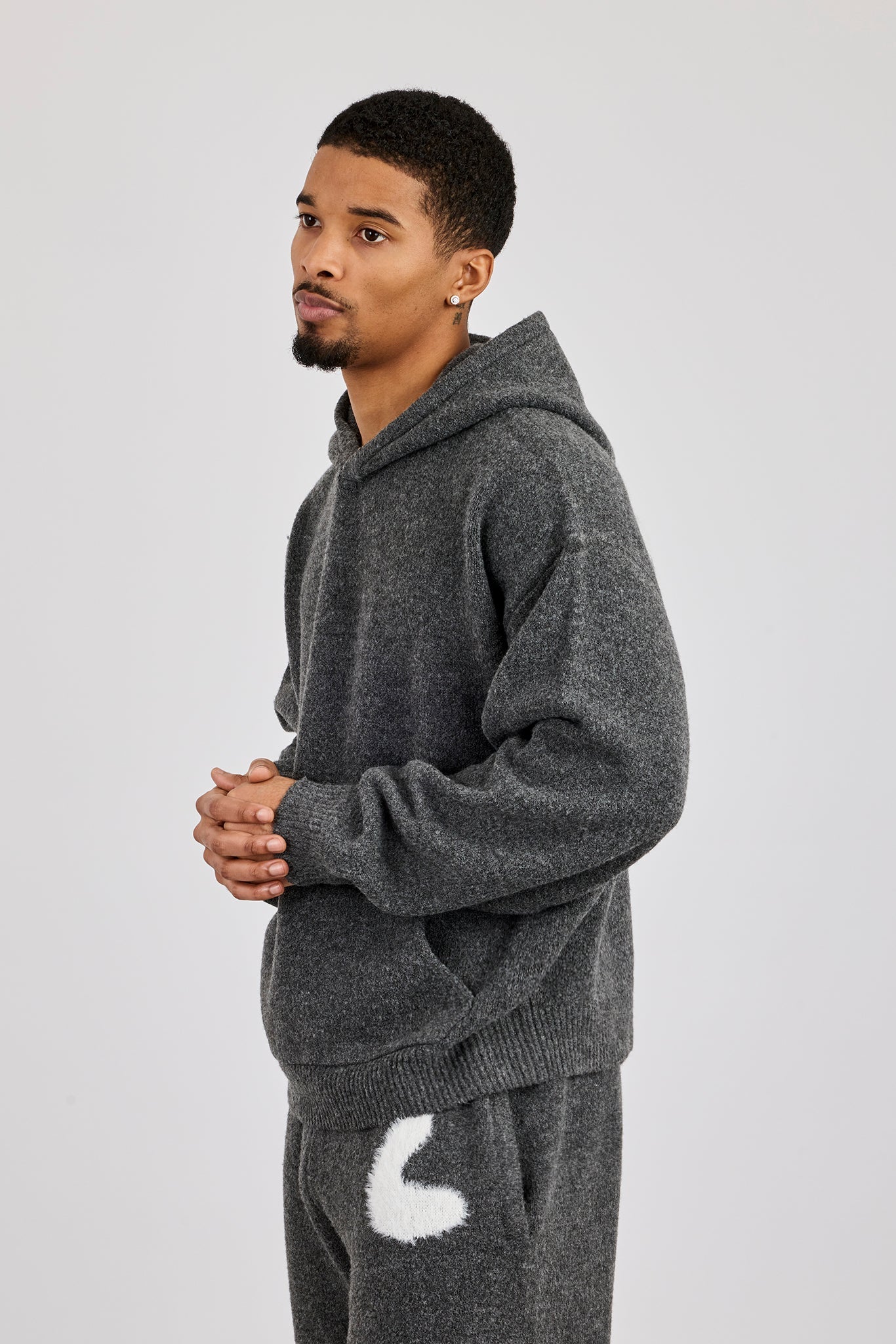 Oversized Knitted Intarsia Hoodie - Charcoal - Image 2