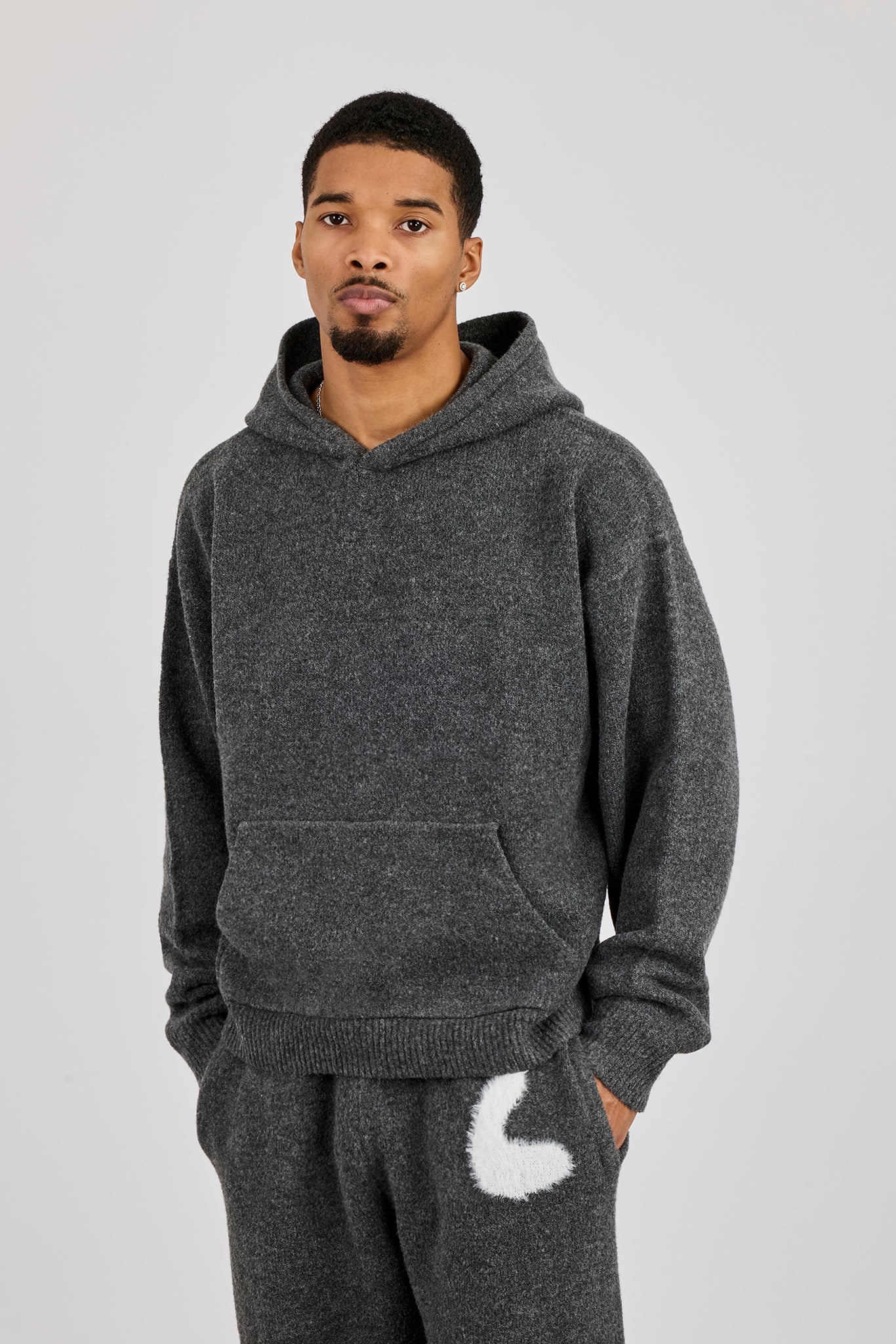 Oversized Knitted Intarsia Hoodie - Charcoal - Image 3