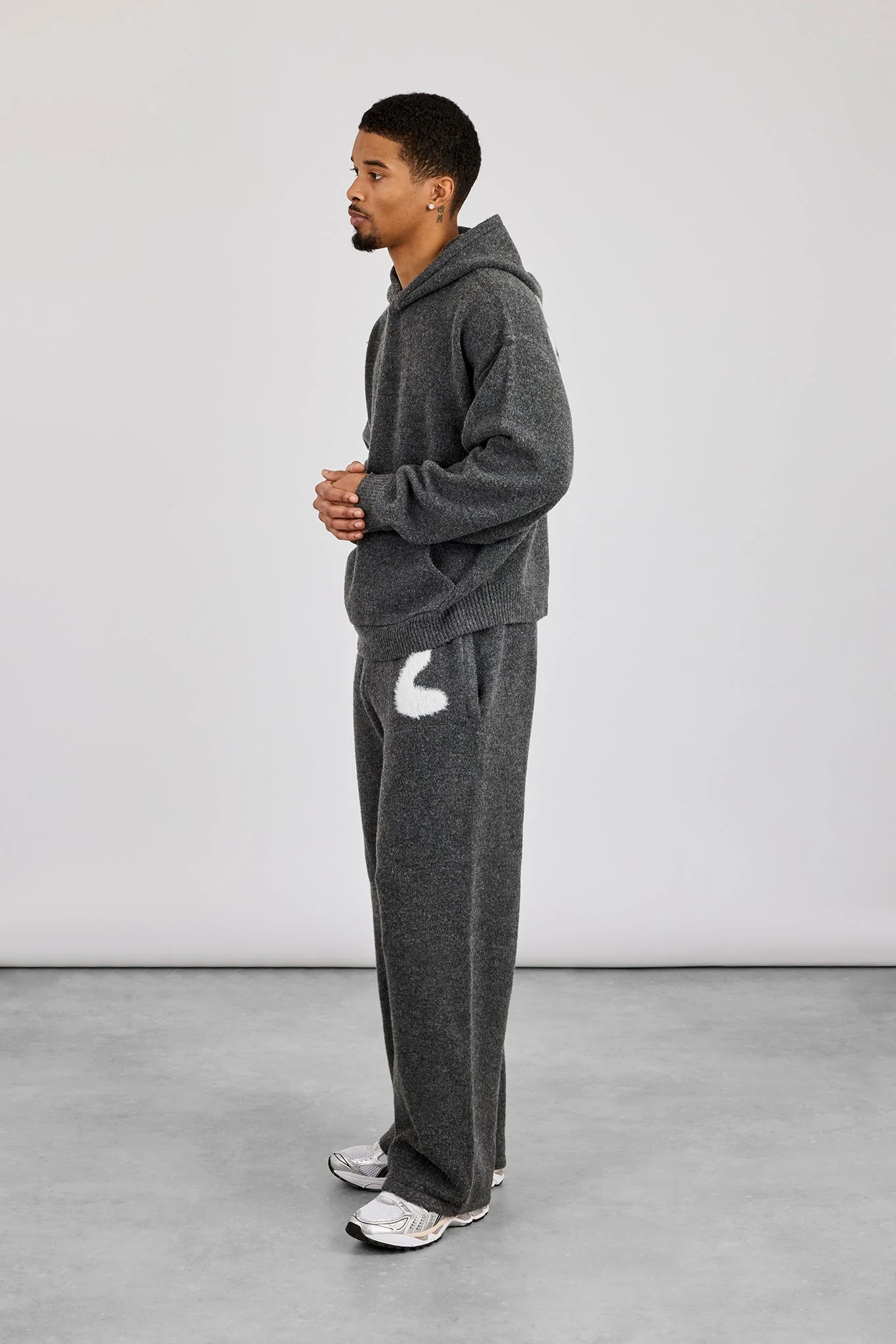 Oversized Knitted Intarsia Hoodie - Charcoal - Image 4