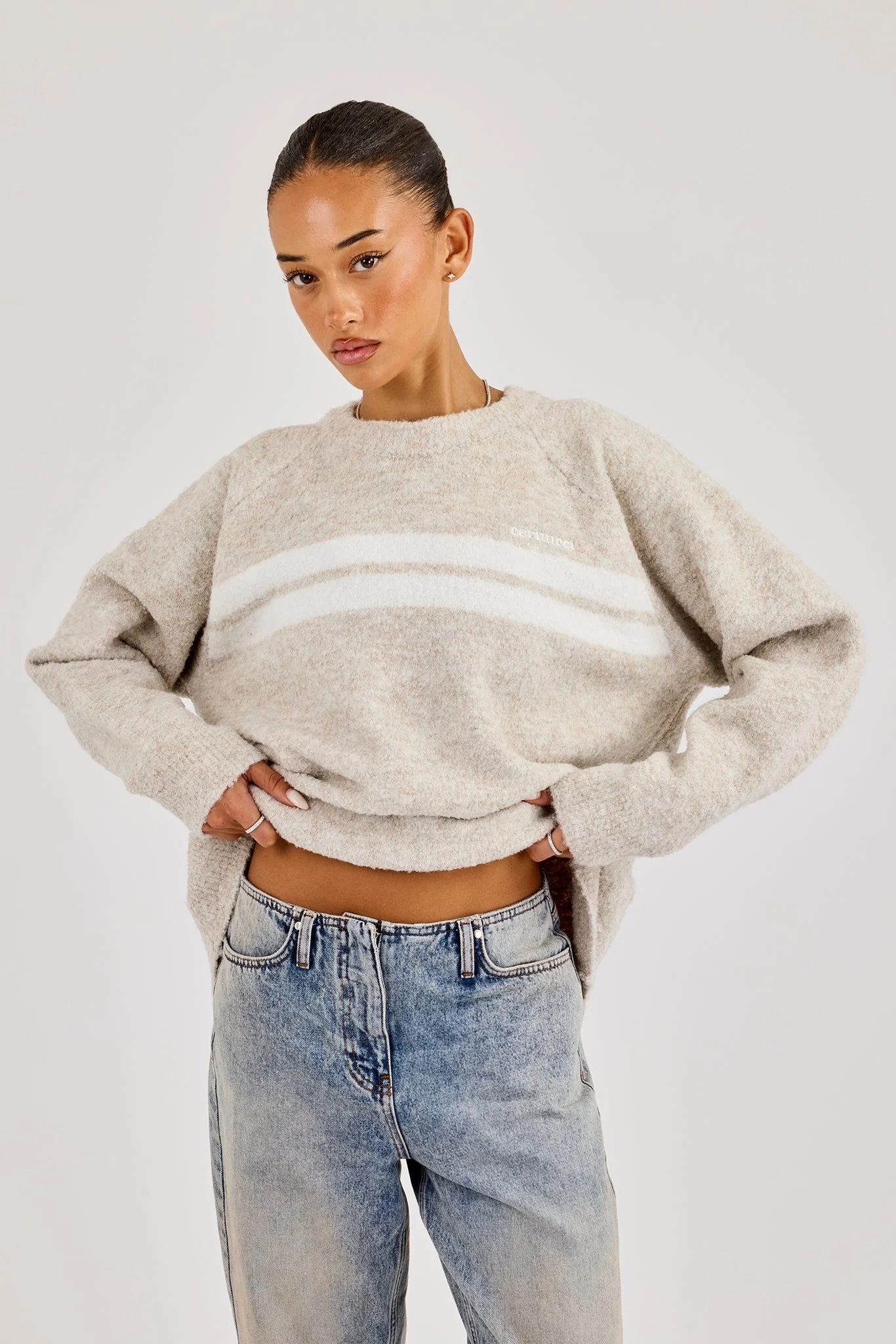 Oversized Knitted Stripe Sweater - Off White - Image 2