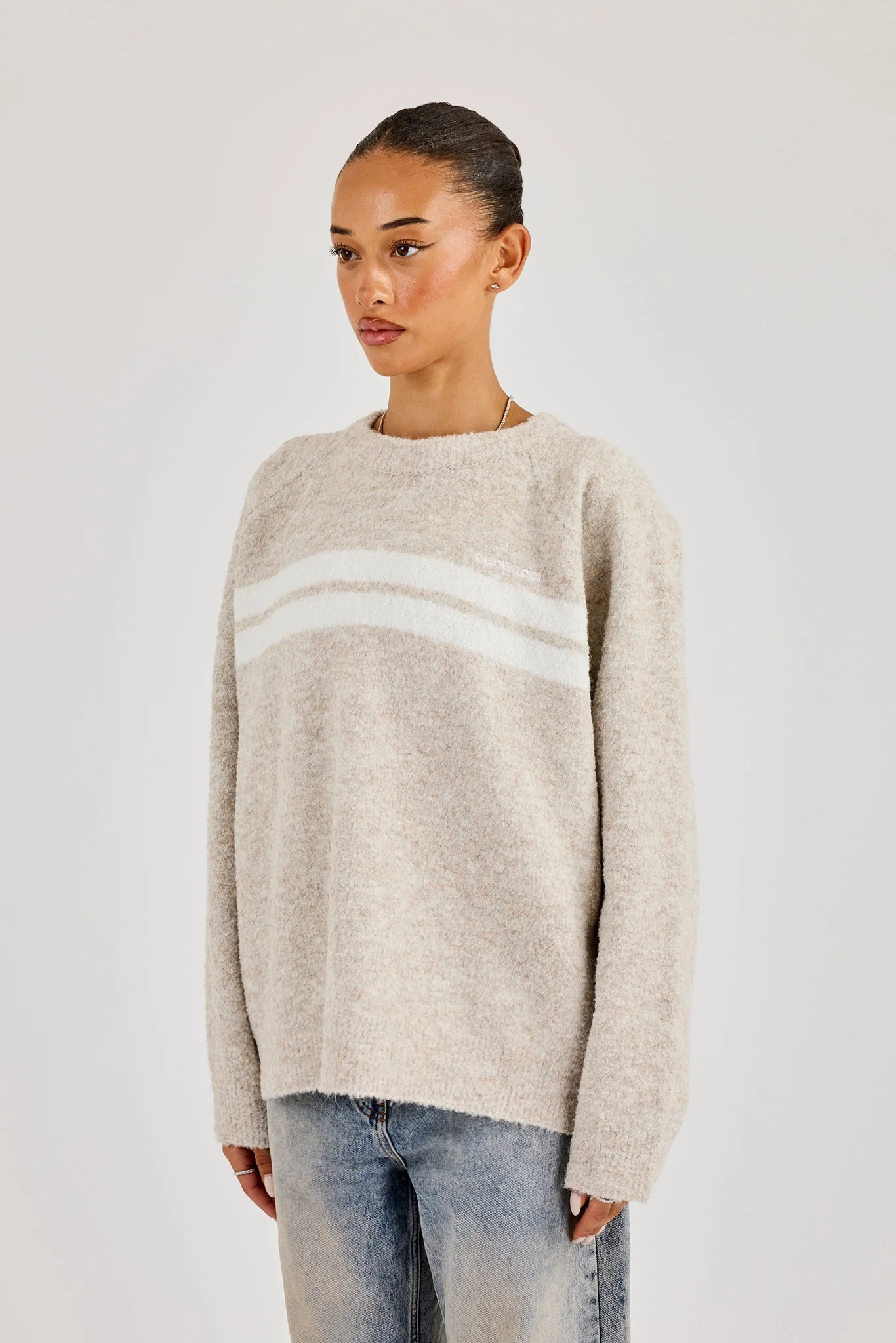 Oversized Knitted Stripe Sweater - Off White - Image 3