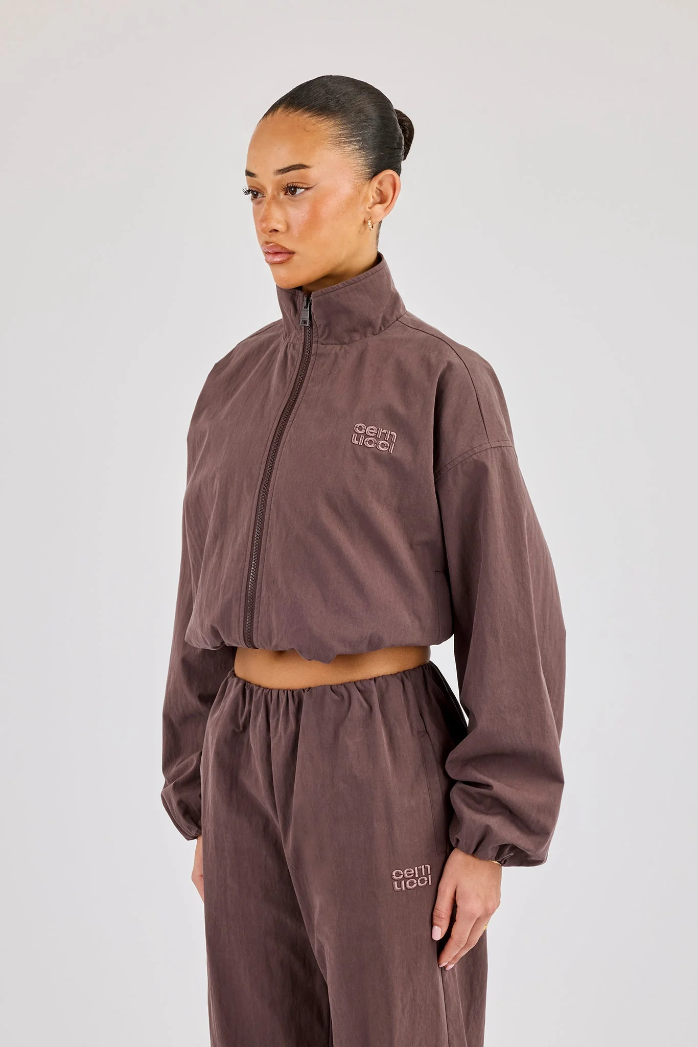 Oversized Nylon Track Jacket - Dark Brown - Image 2