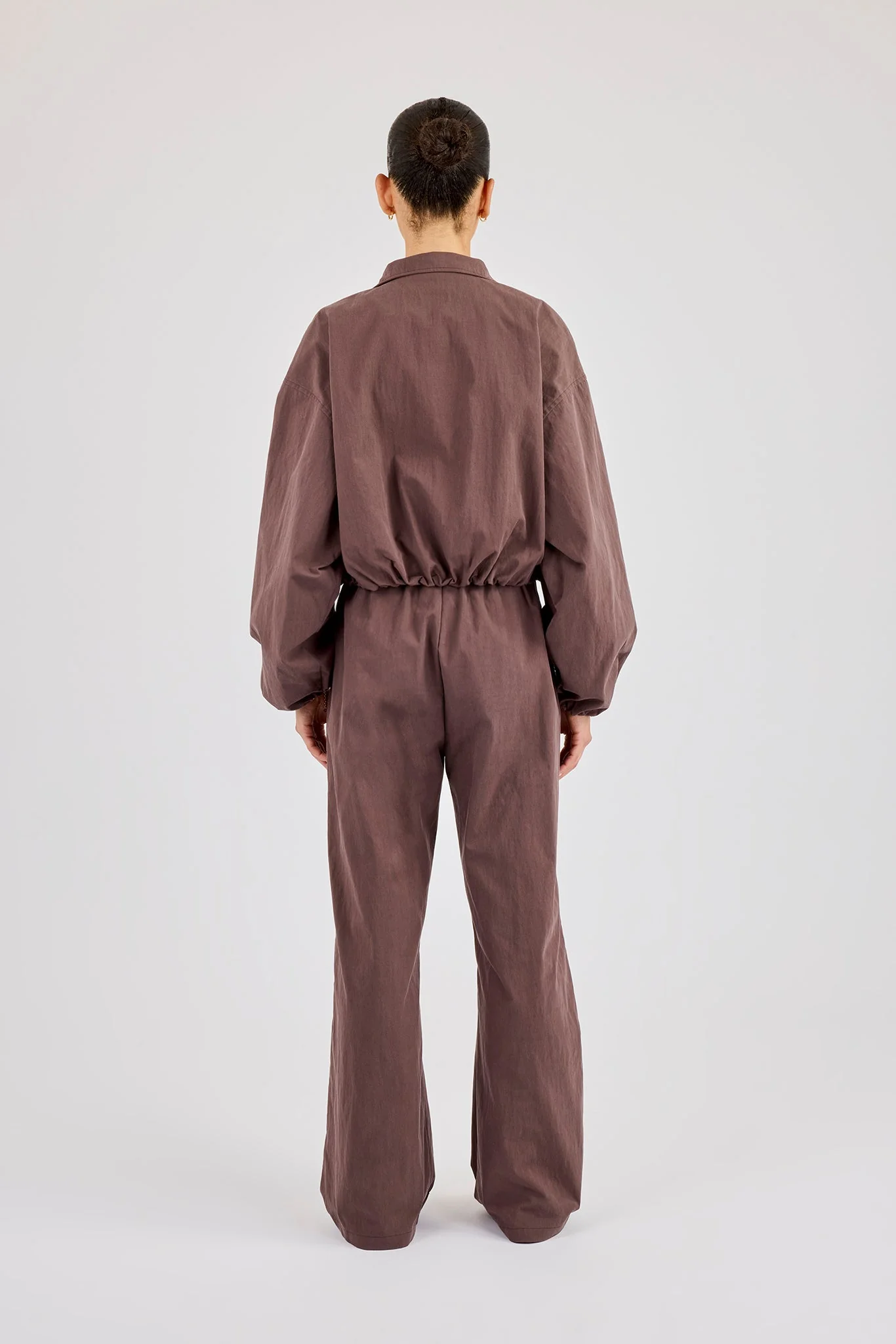 Oversized Nylon Track Jacket & Waistbandless Jogger - Dark Brown - Image 3