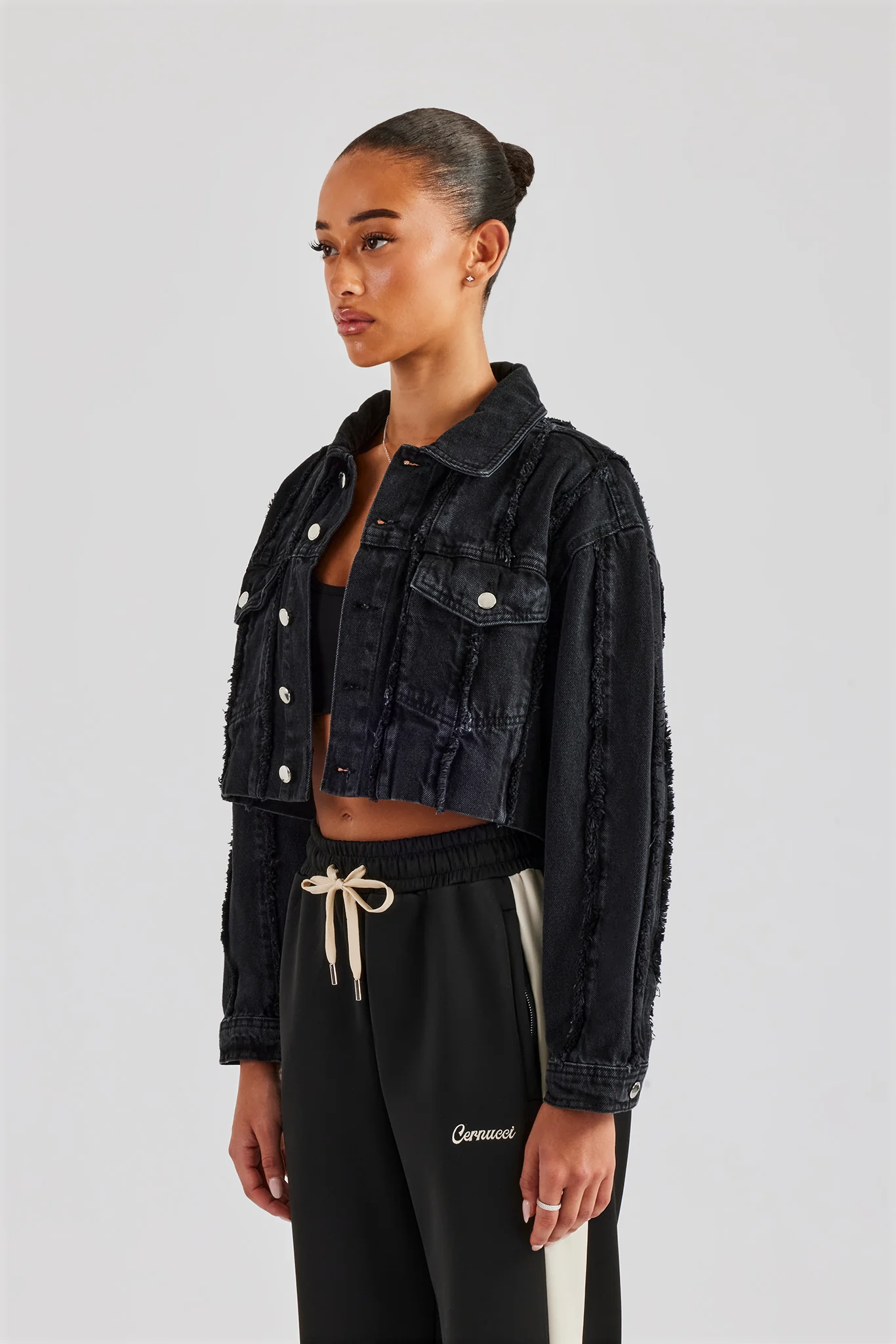 Oversized Raw Edge Cropped Denim Jacket - Washed Black - Image 2