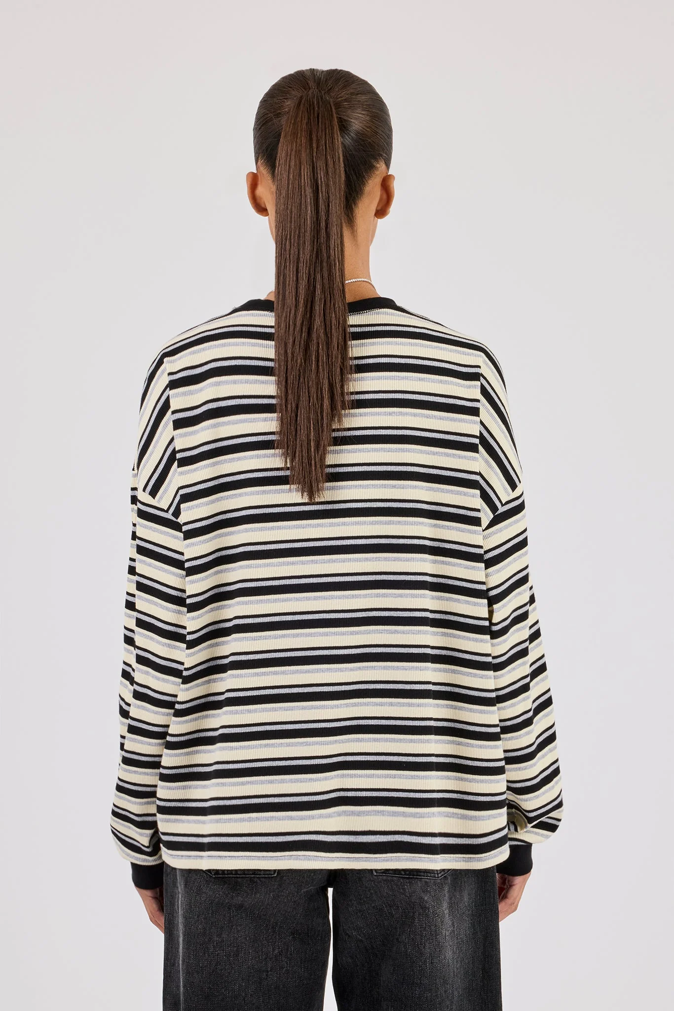 Oversized Stripe Long Sleeve Top - Black - Image 4
