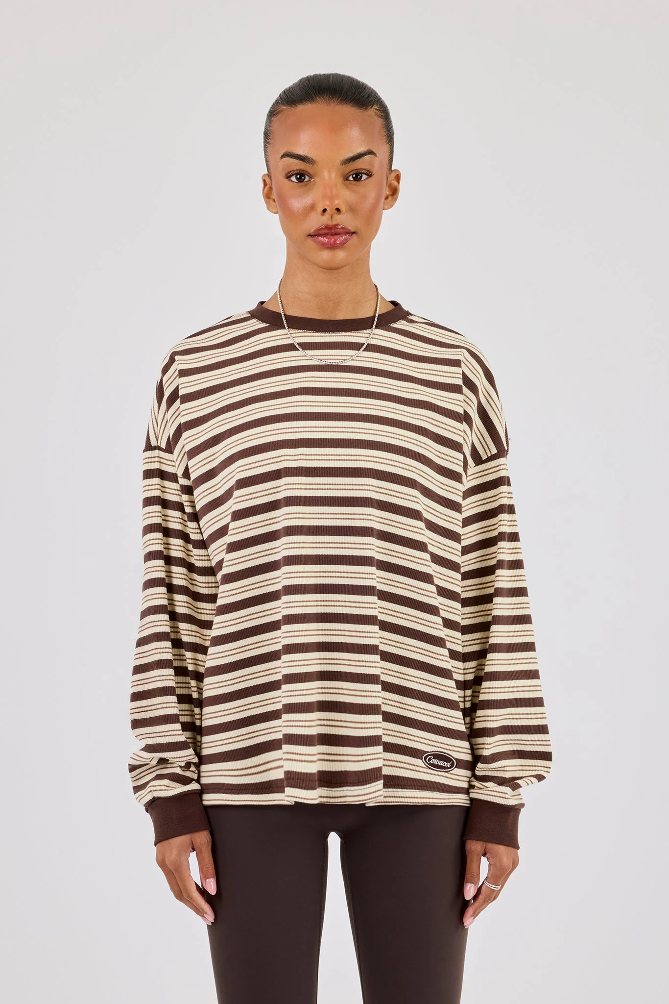 Oversized Stripe Long Sleeve Top - Brown - Image 4