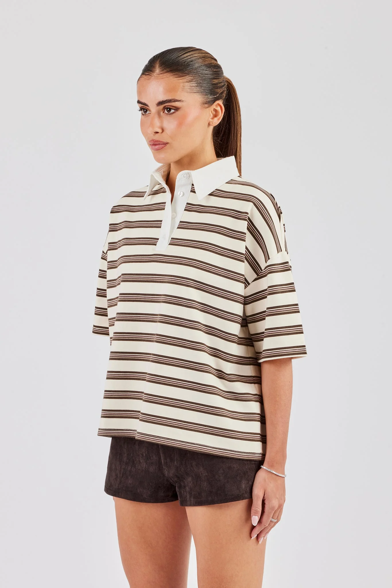 Oversized Stripe Short Sleeve Top - Ecru - Image 3