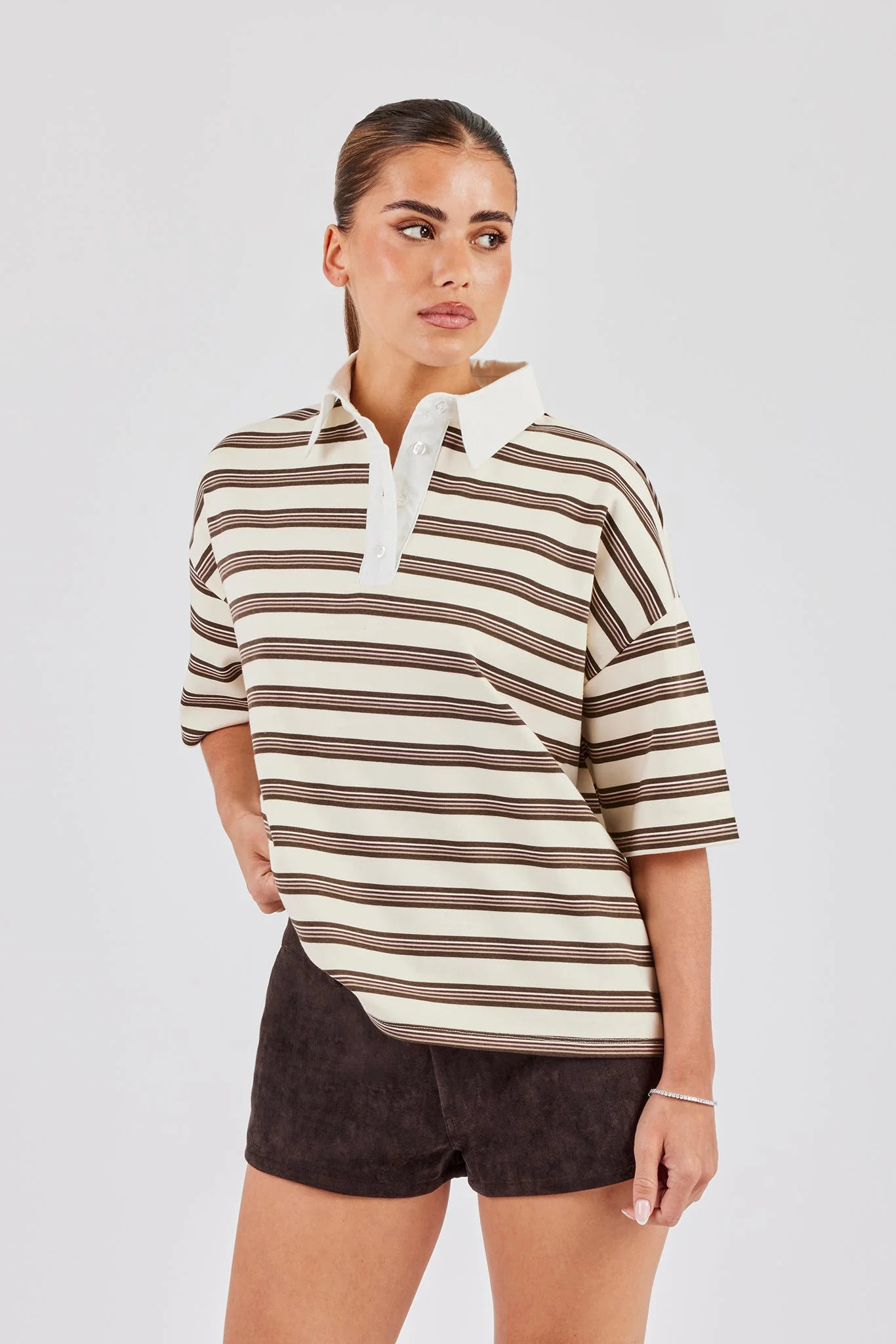Oversized Stripe Short Sleeve Top - Ecru - Image 4